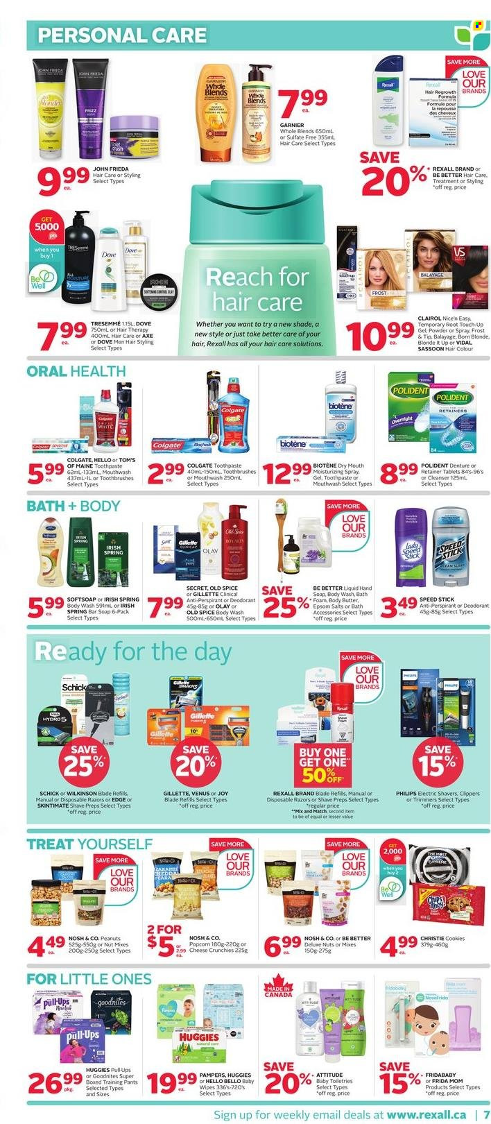 thumbnail - Circulaire Rexall - 24 Mars 2023 - 30 Mars 2023 - Produits soldés - cookies, popcorn, chips, Dove, Axe, Garnier, desodorisant, déodorant, Gillette, Wilkinson Sword, Lady Speed Stick, Colgate, Huggies, Old Spice, Pampers. Page 8.