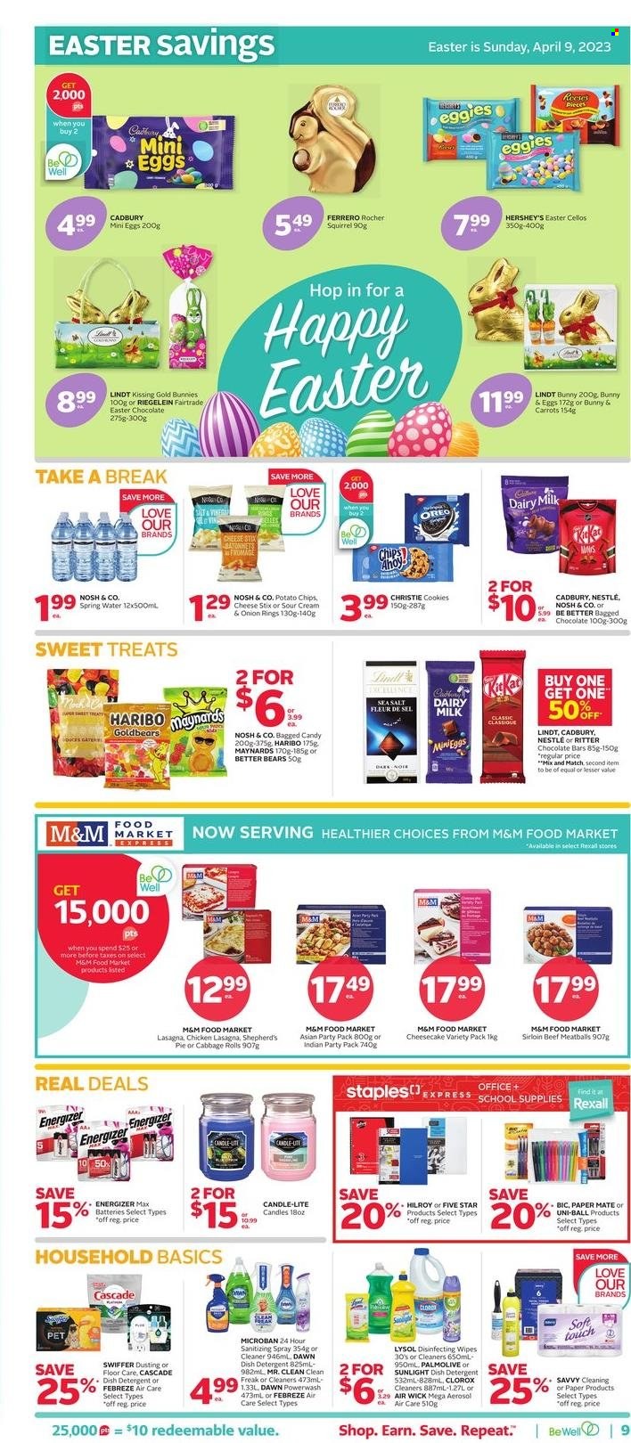thumbnail - Rexall Flyer - March 24, 2023 - March 30, 2023 - Sales products - pie, onion rings, meatballs, lasagna meal, cookies, Haribo, KitKat, Reese's, Hershey's, Cadbury, Dairy Milk, chocolate egg, chocolate bar, potato chips, chips, cabbage, spring water, water, wipes, Febreze, cleaner, Lysol, Clorox, Swiffer, Sunlight, Cascade, dishwasher cleaner, Palmolive, BIC, Paper Mate, candle, Air Wick, battery, detergent, Energizer, Nestlé, Oreo, Lindt, Ferrero Rocher, M&M's. Page 10.