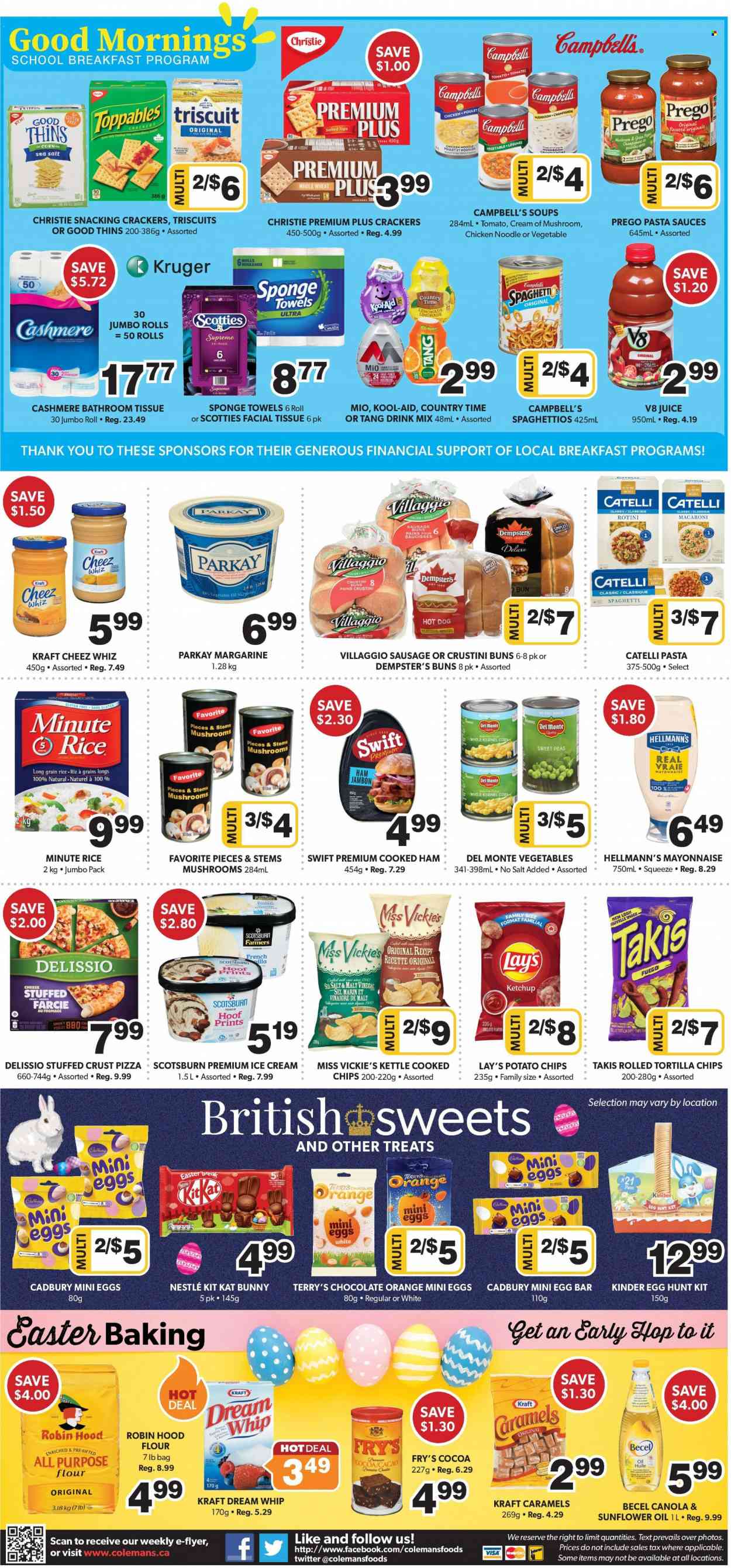 thumbnail - Colemans Flyer - March 23, 2023 - March 29, 2023 - Sales products - buns, corn, Campbell's, spaghetti, hot dog, pizza, pasta sauce, macaroni, noodles, Kraft®, cooked ham, ham, sausage, margarine, mayonnaise, Hellmann’s, snack, KitKat, crackers, Cadbury, chocolate egg, tortilla chips, potato chips, chips, Lay’s, Thins, all purpose flour, Del Monte, rice, long grain rice, sunflower oil, vegetable oil, oil, lemonade, juice, Country Time, bath tissue, Nestlé, ketchup. Page 6.