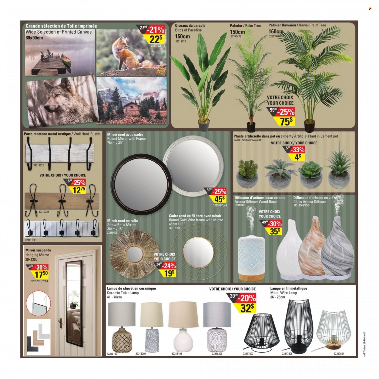 thumbnail - Hart Stores Flyer - March 22, 2023 - March 28, 2023 - Sales products - Mars, hook, pot, straw, canvas, diffuser, mirror, artificial plant, lamp, table lamp. Page 4.