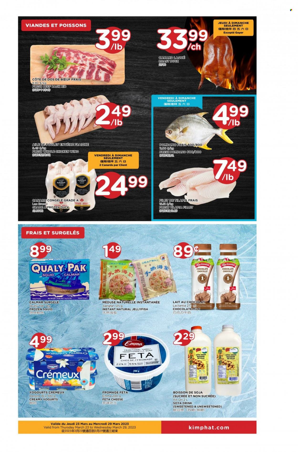 thumbnail - Kim Phat Flyer - March 23, 2023 - March 29, 2023 - Sales products - squid, tilapia, pompano, roast, cheese, feta, milk, milk chocolate, Mars, whole chicken, chicken, whole duck, Danone. Page 4.