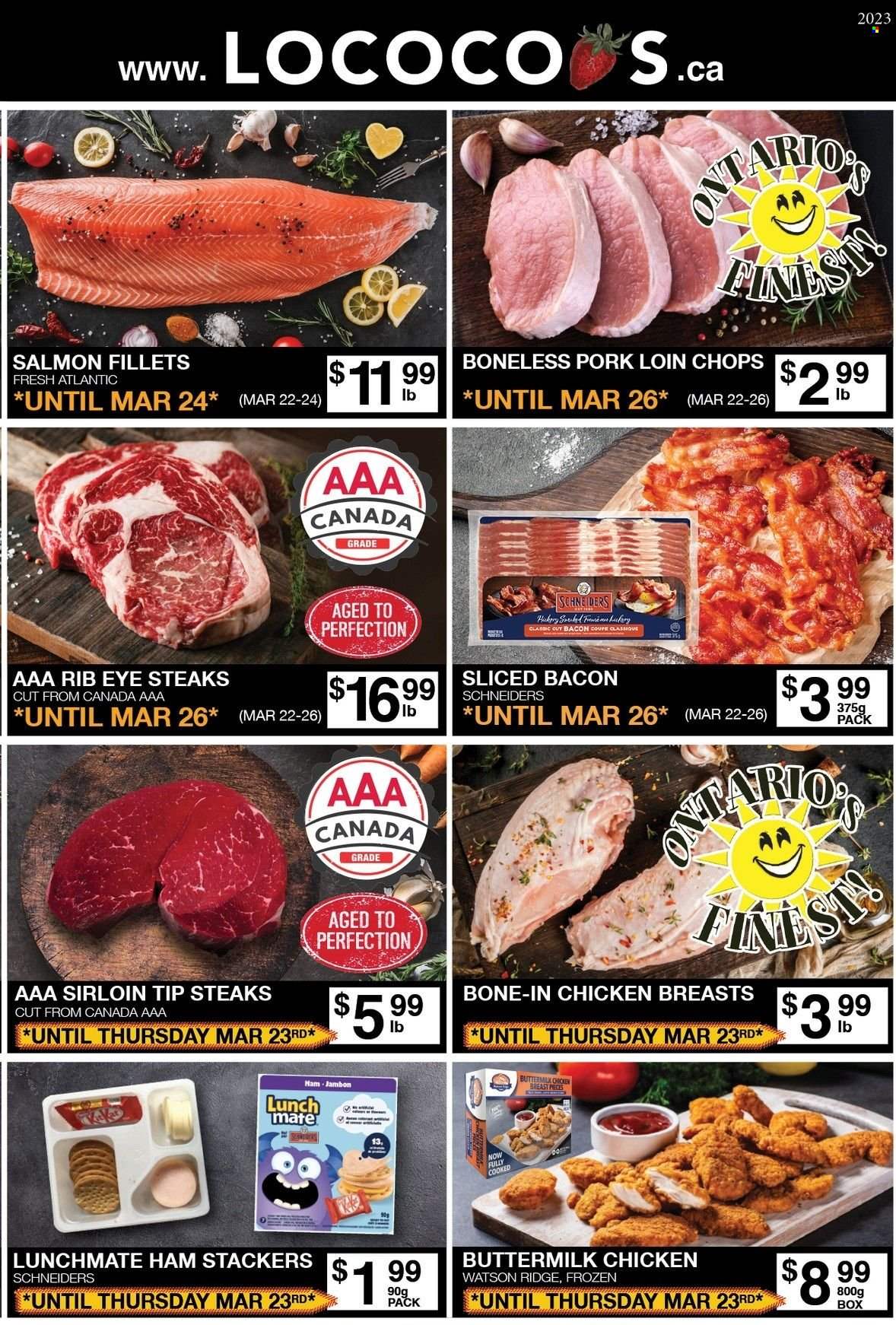 thumbnail - Lococo's Flyer - March 22, 2023 - March 26, 2023 - Sales products - pie, chicken, beef meat, steak, pork chops, pork loin, pork meat, bacon, ham, salmon. Page 1.