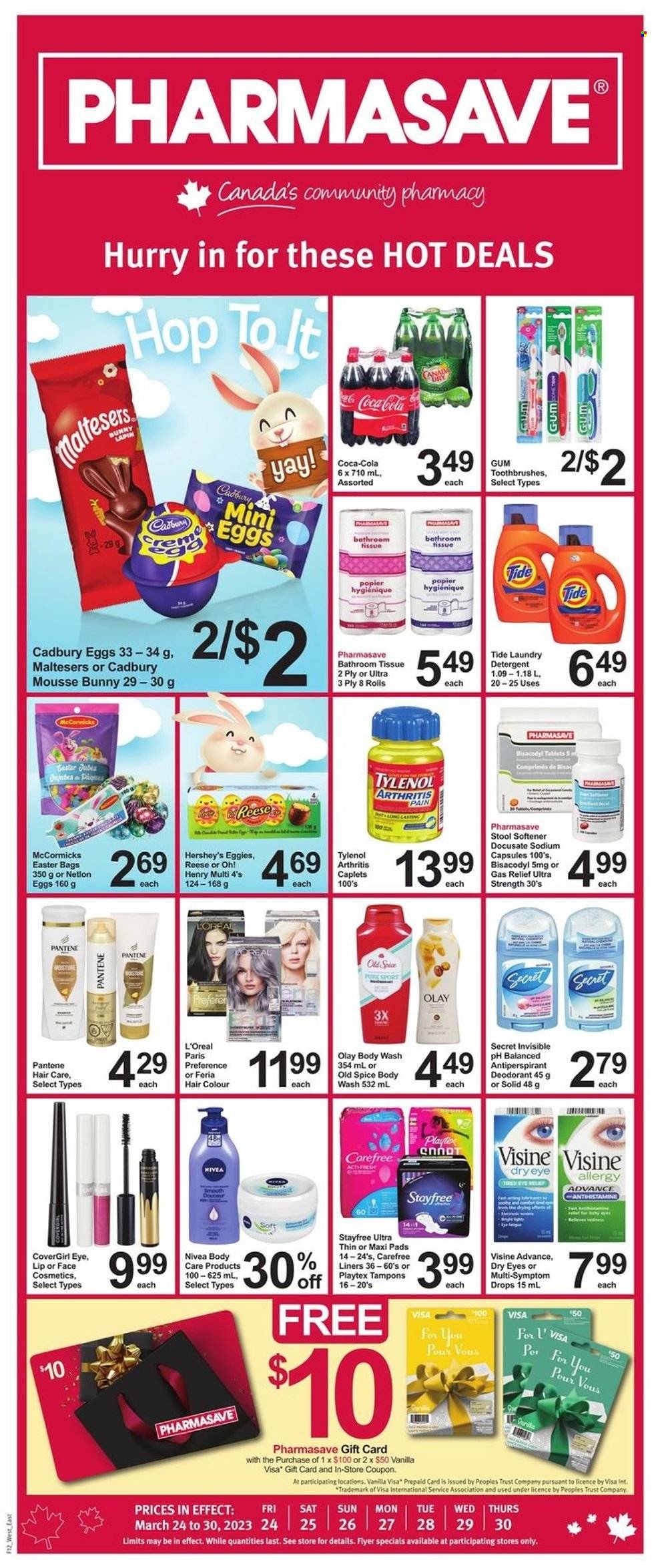 thumbnail - Pharmasave Flyer - March 24, 2023 - March 30, 2023 - Sales products - Hershey's, Maltesers, Cadbury, chocolate egg, spice, Coca-Cola, Nivea, bath tissue, Tide, fabric softener, laundry detergent, body wash, Stayfree, Playtex, sanitary pads, Carefree, tampons, L’Oréal, Olay, Pantene, hair color, anti-perspirant, Trust, Tylenol, detergent, Old Spice, deodorant. Page 1.