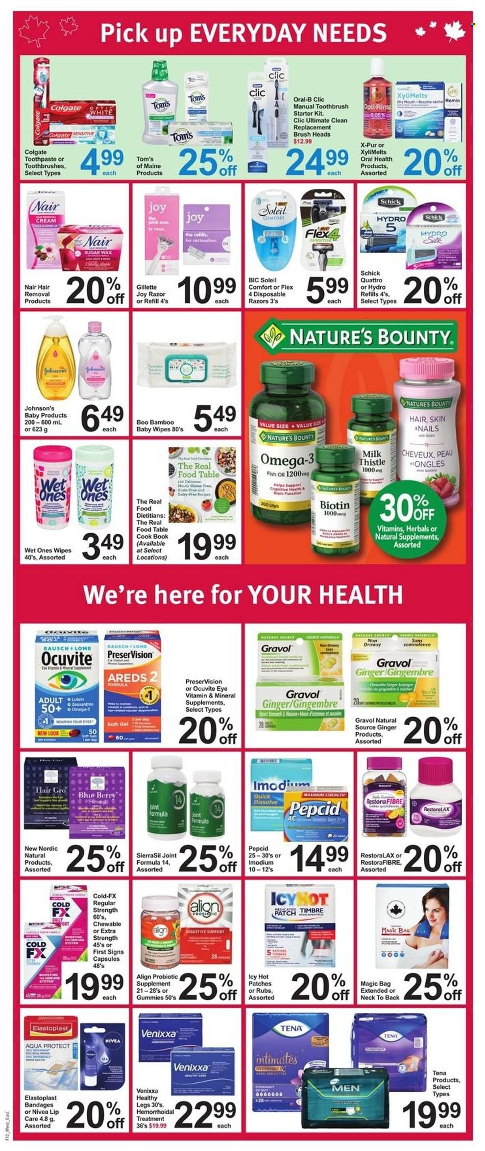 thumbnail - Pharmasave Flyer - March 24, 2023 - March 30, 2023 - Sales products - ginger, milk, Silk, sugar, rosé wine, wipes, baby wipes, Johnson's, Nivea, Joy, toothbrush, toothpaste, sanitary pads, Gillette, BIC, razor, Schick, hair removal, disposable razor, serviettes, book, Biotin, fish oil, Nature's Bounty, Pepcid, Omega-3, Colgate, Imodium, Oral-B, Ocuvite, Tena Lady. Page 3.