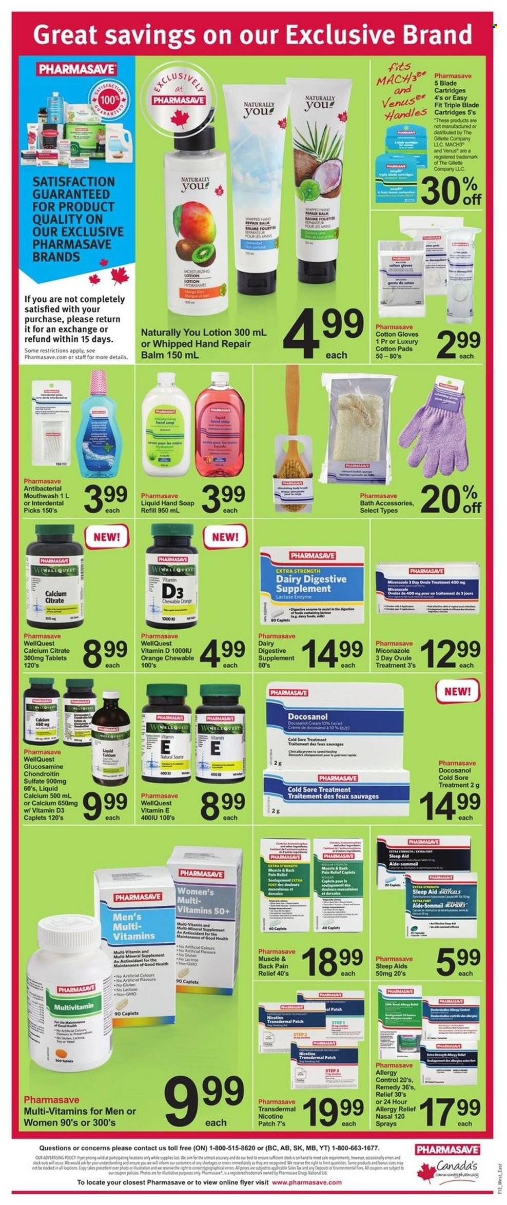 thumbnail - Pharmasave Flyer - March 24, 2023 - March 30, 2023 - Sales products - oranges, hand soap, soap, mouthwash, Gillette, body lotion, Venus, gloves, cap, pain relief, glucosamine, multivitamin, vitamin D3, allergy relief, calcium. Page 4.