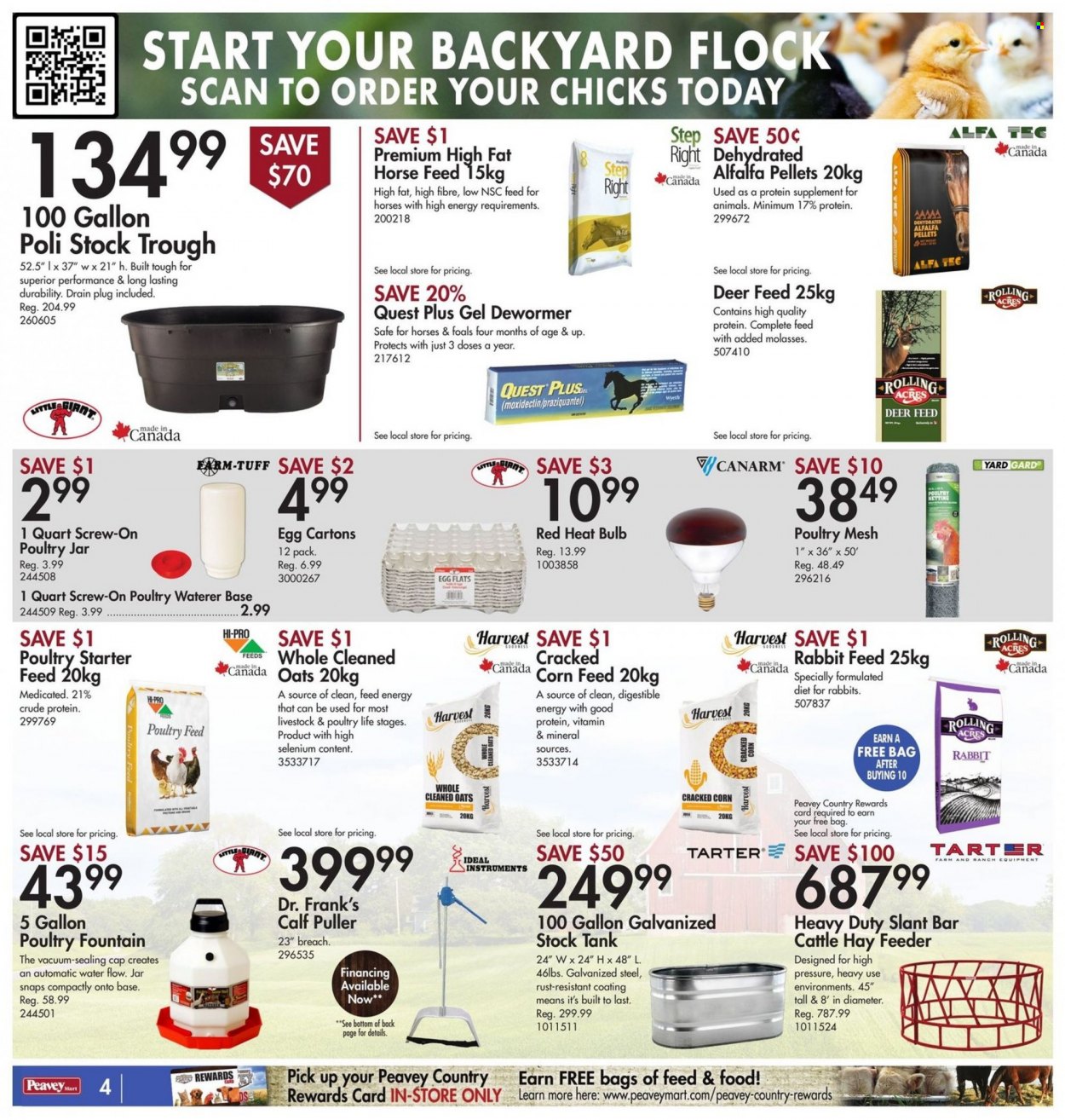 thumbnail - Peavey Mart Flyer - March 24, 2023 - March 30, 2023 - Sales products - jar, bulb, animal food, feeder, tank, waterer, rabbit feed, starter. Page 4.