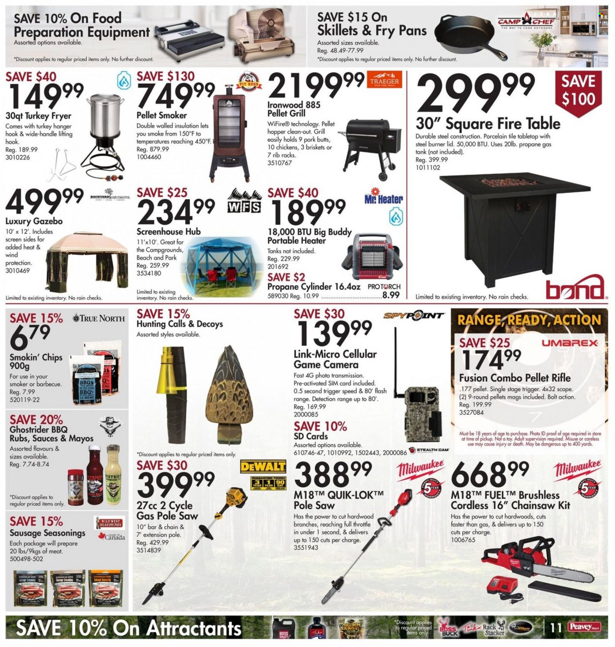 thumbnail - Peavey Mart Flyer - March 24, 2023 - March 30, 2023 - Sales products - hanger, lid, turkey fryer, tank, table, DeWALT, toys, heater, porcelain tile, Milwaukee, chain saw, saw, gas cylinder, gazebo, grill, smoker, pellet grill, rifle, scope. Page 12.