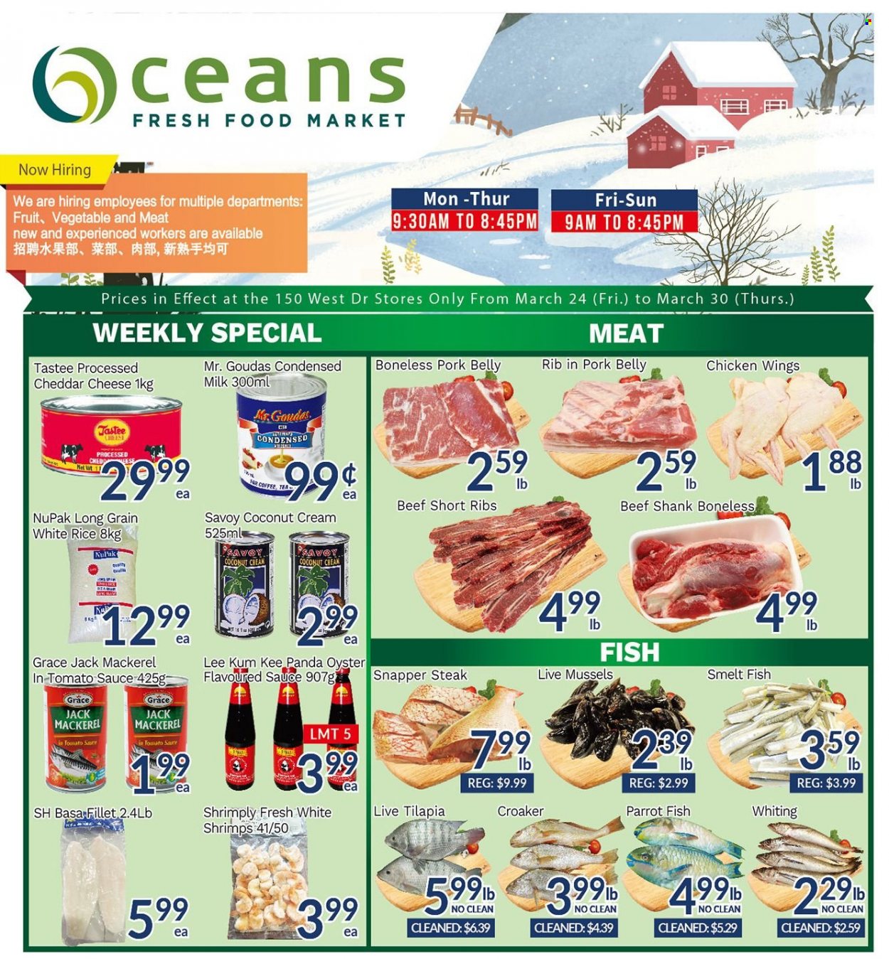thumbnail - Oceans Flyer - March 24, 2023 - March 30, 2023 - Sales products - coconut, mackerel, mussels, tilapia, oysters, fish, shrimps, whiting, cheddar, cheese, condensed milk, chicken wings, rice, white rice, Lee Kum Kee, tea, chicken, beef meat, beef ribs, beef shank, steak, ribs, pork belly, pork meat. Page 1.