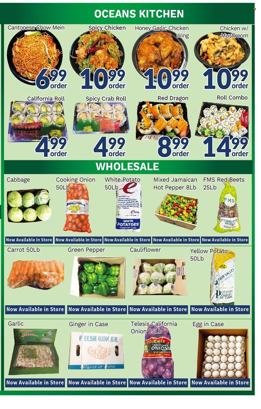 thumbnail - Oceans Flyer - March 24, 2023 - March 30, 2023 - Sales products - mushrooms, cabbage, cauliflower, potatoes, onion, green pepper, crab, eggs, honey, chicken. Page 4.