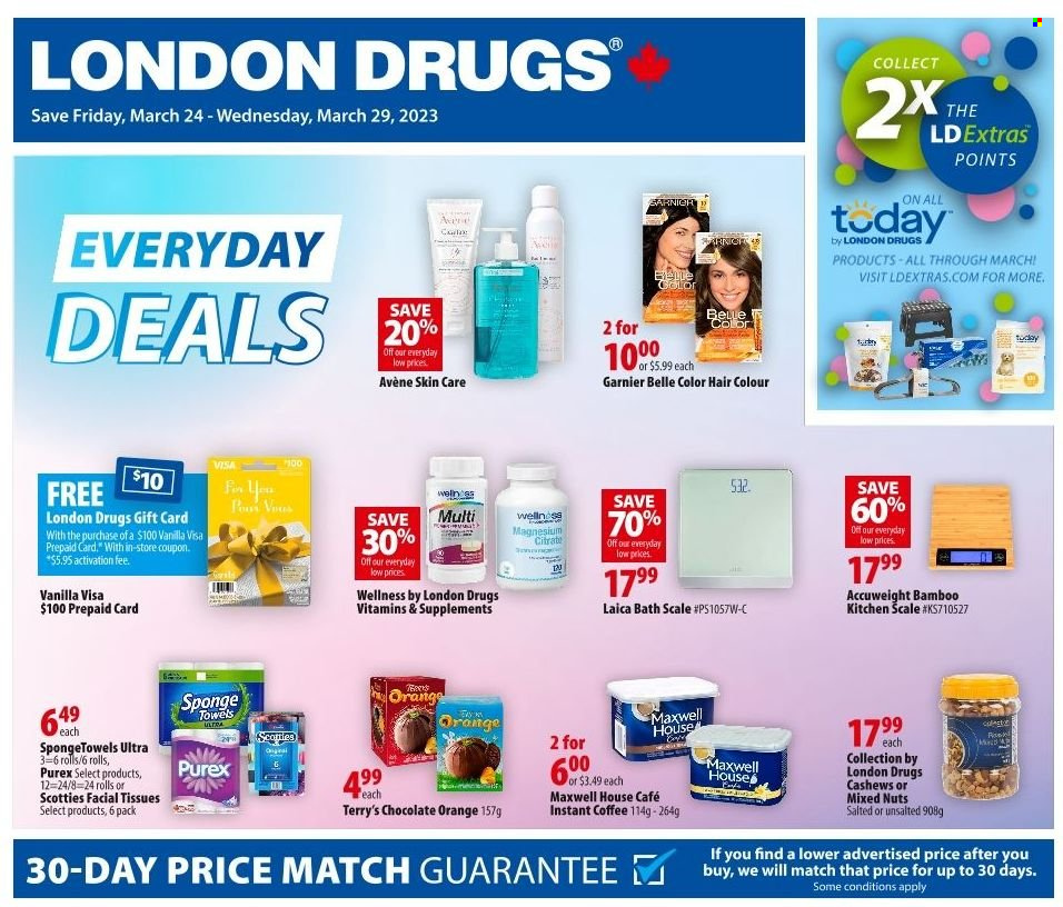 thumbnail - London Drugs Flyer - March 24, 2023 - March 29, 2023 - Sales products - scale, personal scale, chocolate, cashews, mixed nuts, Maxwell House, coffee, instant coffee, tissues, Purex, facial tissues, hair color, sponge, kitchen scale, towel, magnesium, Garnier. Page 1.