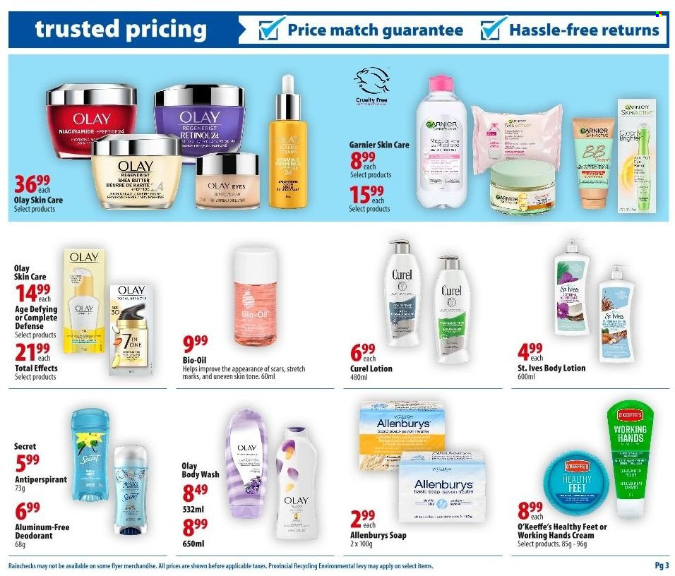 thumbnail - London Drugs Flyer - March 24, 2023 - March 29, 2023 - Sales products - body wash, soap, Olay, Curél, Niacinamide, body lotion, shea butter, anti-perspirant, Garnier, deodorant. Page 3.