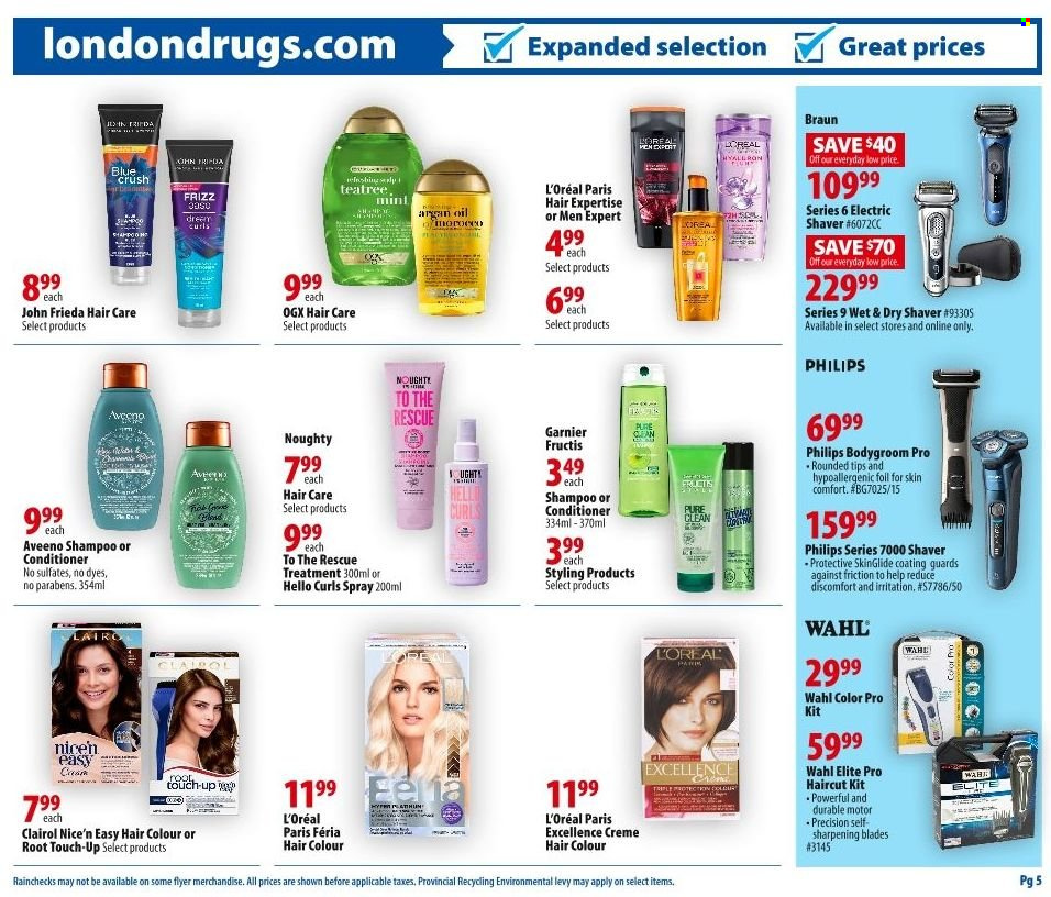 thumbnail - London Drugs Flyer - March 24, 2023 - March 29, 2023 - Sales products - Philips, Aveeno, L’Oréal, OGX, Root Touch-Up, Clairol, conditioner, hair color, John Frieda, Fructis, shaver, haircut kit, argan oil, Braun, Garnier, shampoo. Page 5.