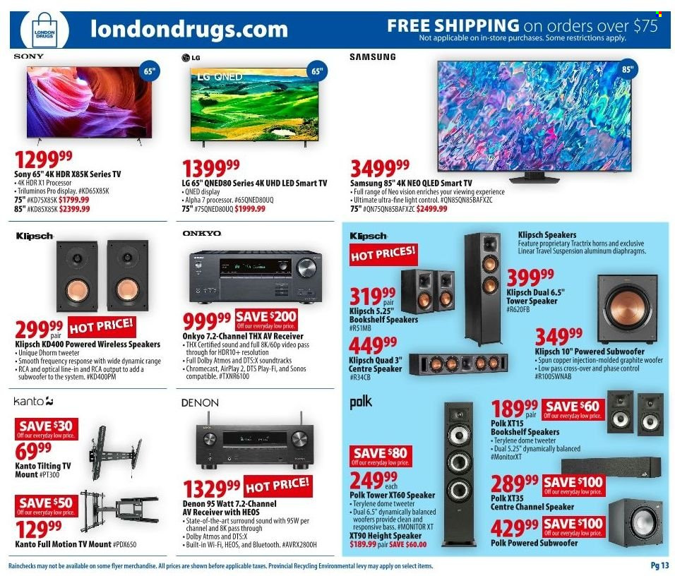 thumbnail - London Drugs Flyer - March 24, 2023 - March 29, 2023 - Sales products - Sony, Samsung, RCA, receiver, monitor, TV, Sonos, ONKYO, speaker, subwoofer, Google Chromecast, book shelf, LG, smart tv. Page 13.