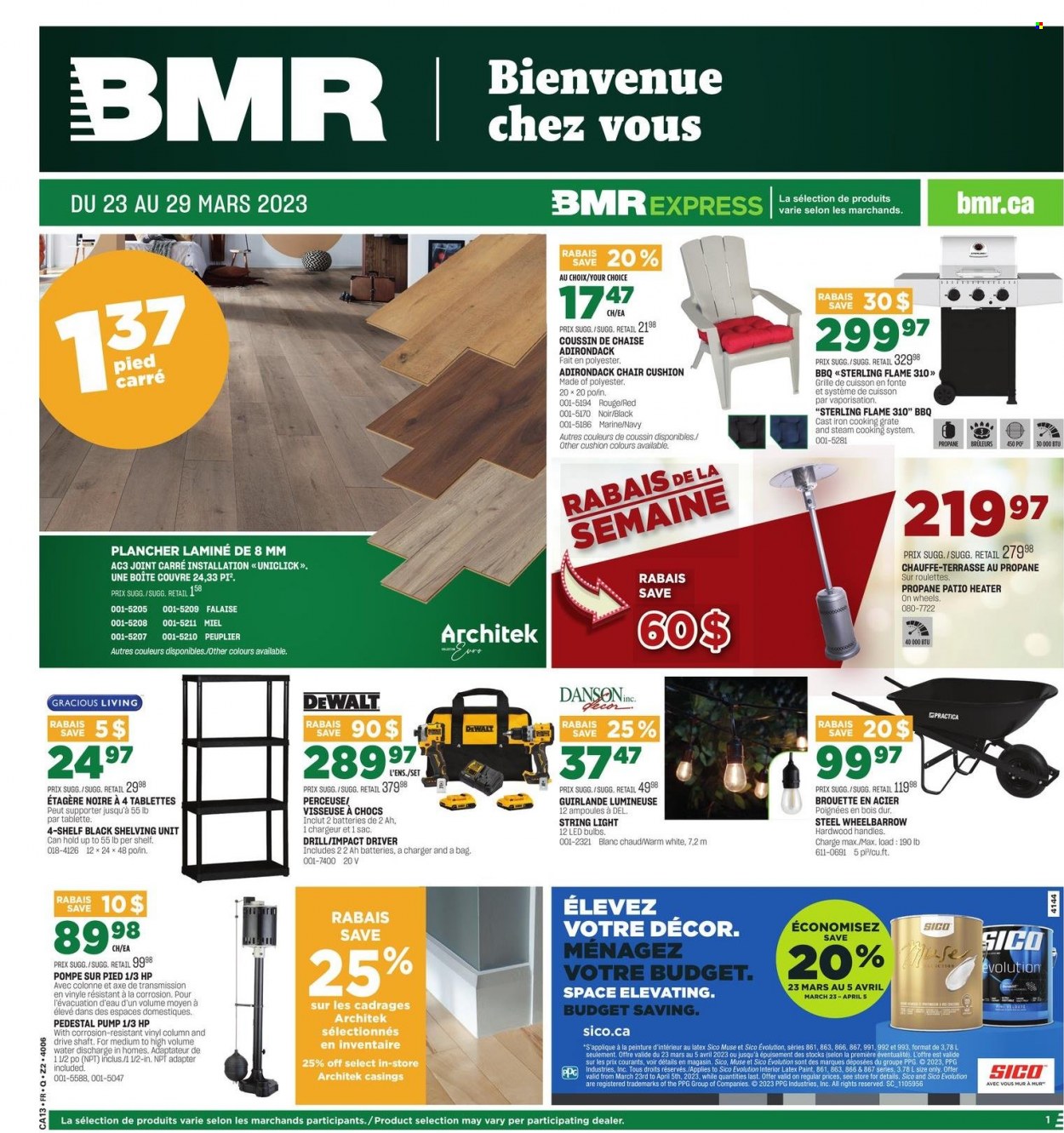 thumbnail - BMR Flyer - March 23, 2023 - March 29, 2023 - Sales products - cushion, PREMIERE, chair, shelf unit, string lights, heater, vinyl, DeWALT, drill, impact driver, wheelbarrow, Axe, pump. Page 1.