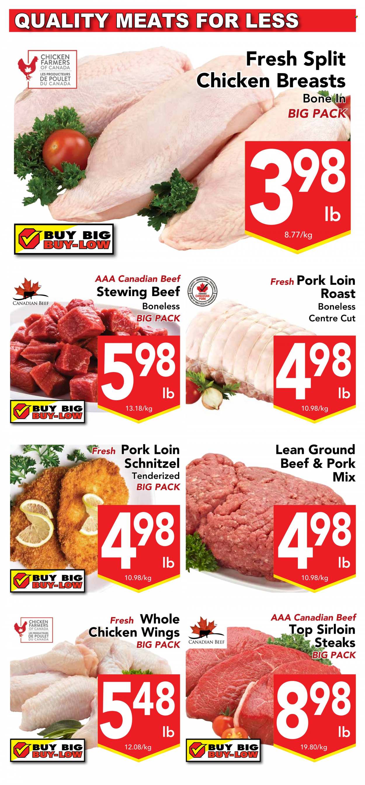 thumbnail - Buy-Low Foods Flyer - March 23, 2023 - March 29, 2023 - Sales products - schnitzel, roast, chicken wings, whole chicken, chicken breasts, chicken, beef meat, ground beef, steak, sirloin steak, stewing beef, pork loin, pork meat. Page 2.