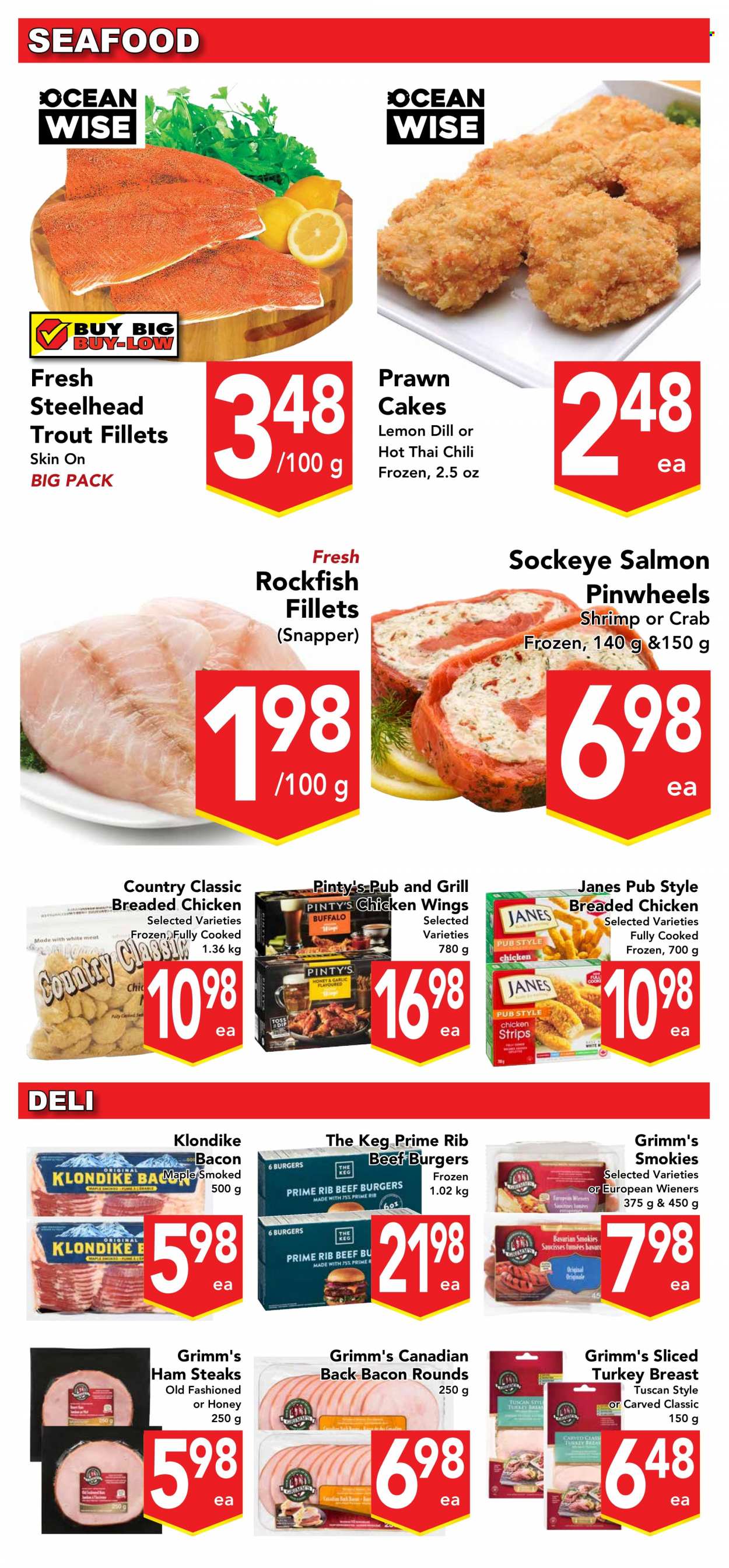 thumbnail - Buy-Low Foods Flyer - March 23, 2023 - March 29, 2023 - Sales products - cake, rockfish, salmon, trout, seafood, prawns, crab, shrimps, hamburger, fried chicken, beef burger, bacon, sliced turkey, ham, ham steaks, chicken wings, dill, turkey breast, chicken, turkey, steak. Page 3.