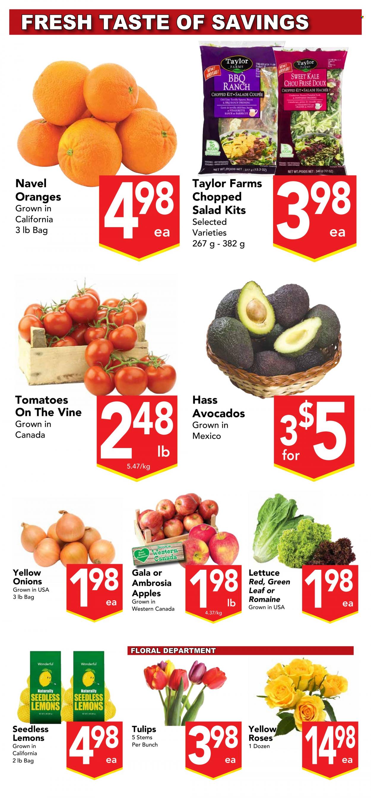 thumbnail - Buy-Low Foods Flyer - March 23, 2023 - March 29, 2023 - Sales products - tomatoes, kale, pumpkin, onion, lettuce, salad, chopped salad, apples, avocado, Gala, oranges, lemons, navel oranges, bacon, ranch dressing, vinaigrette dressing, dressing. Page 4.