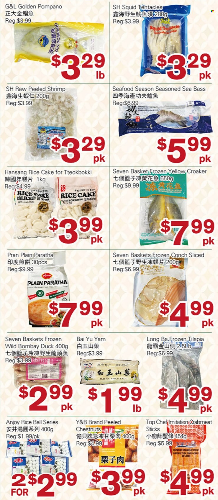 thumbnail - First Choice Supermarket Flyer - March 24, 2023 - March 30, 2023 - Sales products - crab meat, sea bass, squid, tilapia, pompano, seafood, chestnuts, Bai. Page 4.