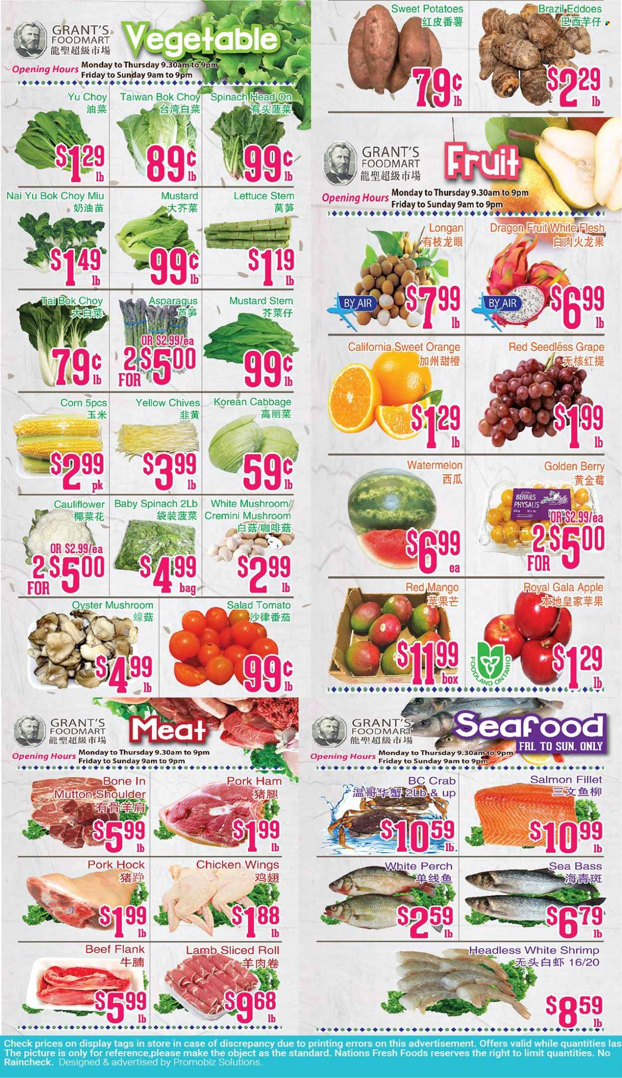 thumbnail - Grant's Foodmart Flyer - March 24, 2023 - March 30, 2023 - Sales products - oyster mushrooms, mushrooms, asparagus, bok choy, cabbage, cauliflower, corn, spinach, sweet potato, potatoes, lettuce, salad, chives, Gala, mango, watermelon, oranges, dragon fruit, salmon, salmon fillet, sea bass, perch, oysters, seafood, crab, shrimps, ham, chicken wings, mustard, Grant's, chicken, pork hock, pork meat, mutton meat. Page 1.