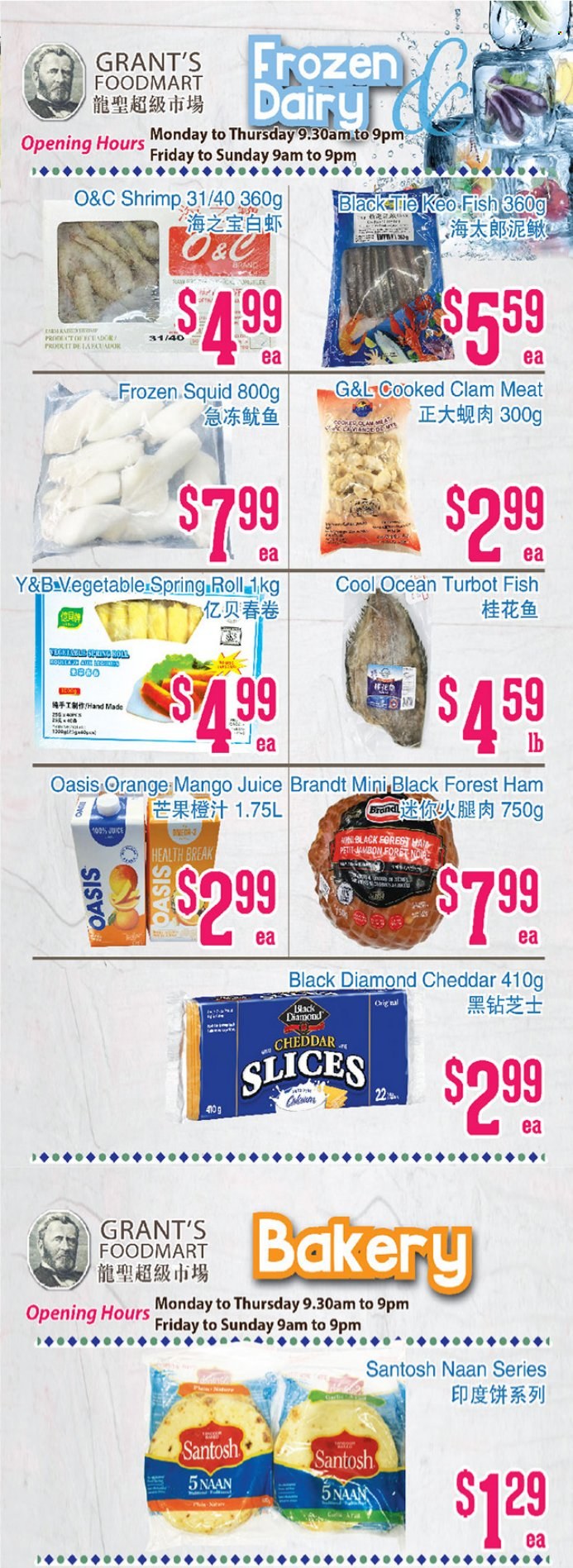 thumbnail - Grant's Foodmart Flyer - March 24, 2023 - March 30, 2023 - Sales products - mango, oranges, clams, squid, turbot, fish, shrimps, ham, cheddar, cheese, juice, Grant's, Omega-3. Page 3.
