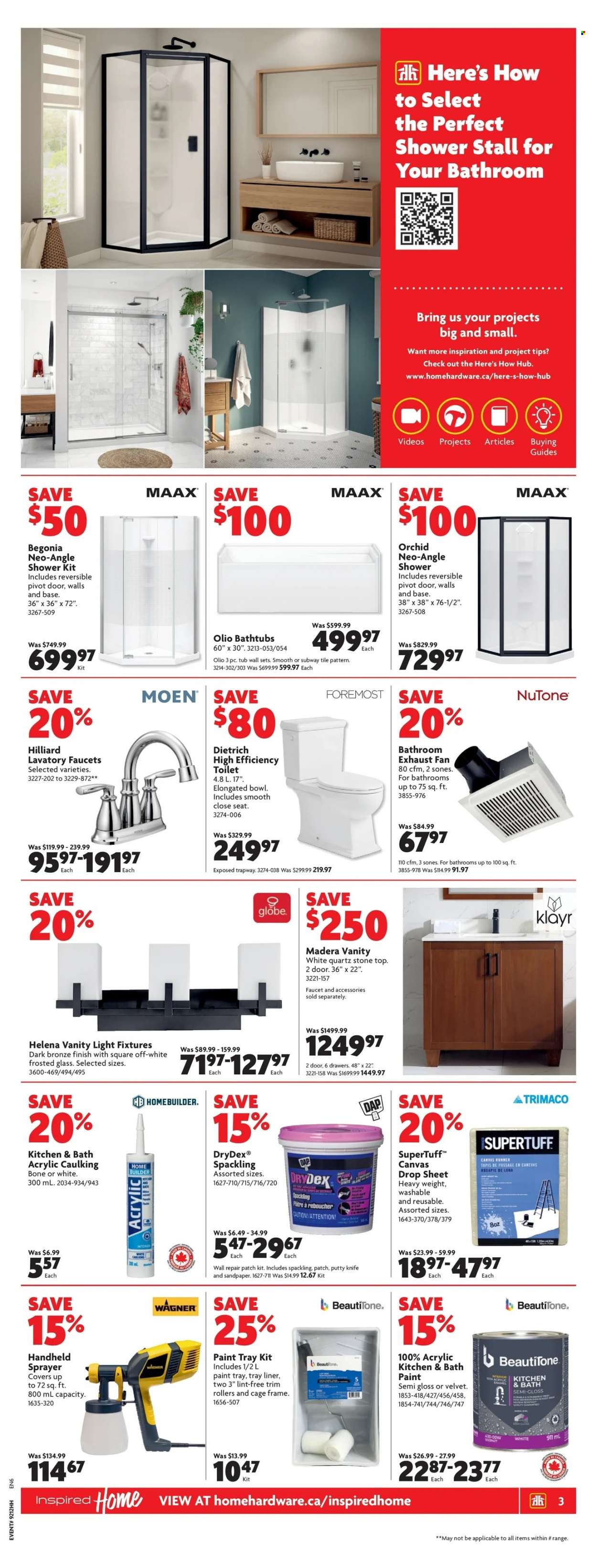 thumbnail - Home Hardware Flyer - March 23, 2023 - March 29, 2023 - Sales products - vanity, toilet, faucet, plastic drop sheet, paint, vanity lights, pivot door, knife, begonia, sprayer. Page 4.