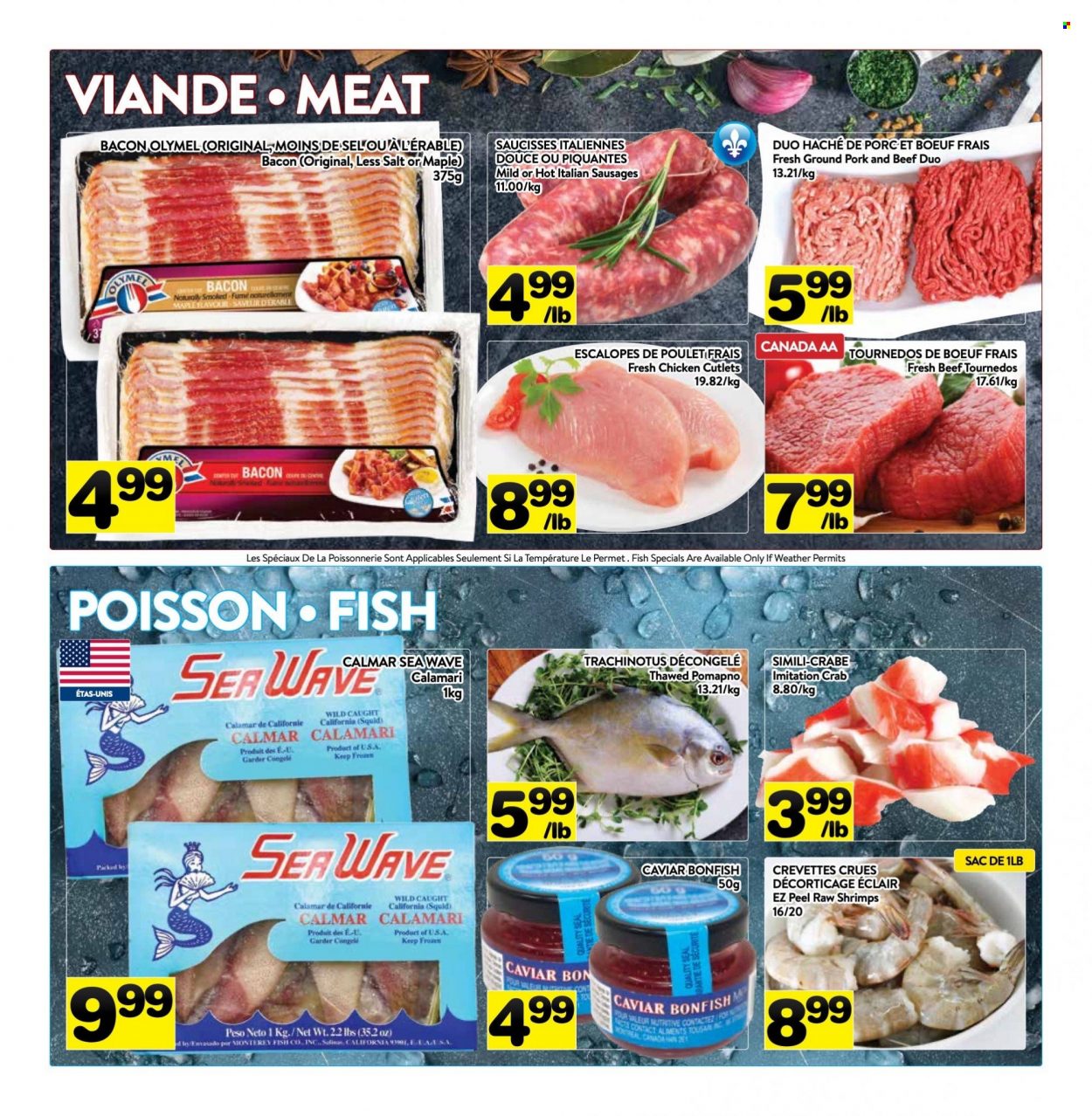 thumbnail - PA Supermarché Flyer - March 27, 2023 - April 02, 2023 - Sales products - calamari, squid, crab, fish, shrimps, bacon, sausage, salt, chicken breasts, chicken cutlets, chicken, ground pork. Page 5.