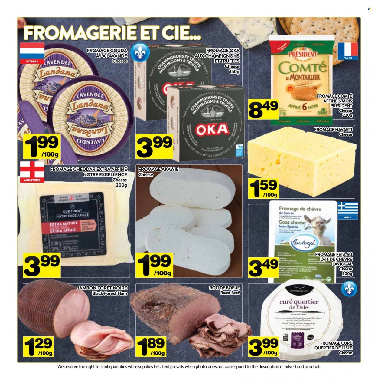 thumbnail - PA Supermarché Flyer - March 27, 2023 - April 02, 2023 - Sales products - mushrooms, roast, ham, goat cheese, gouda, Havarti, cheddar, cheese, Président, truffles, beef meat, roast beef. Page 7.