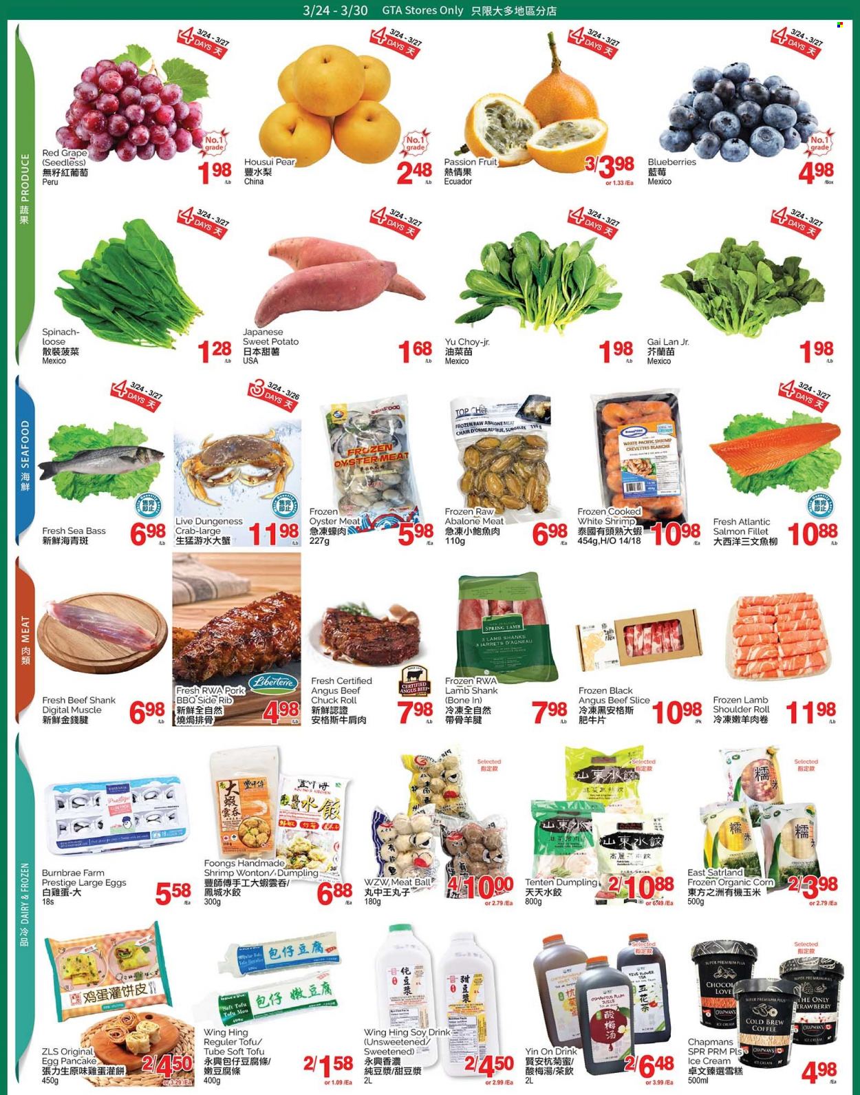 thumbnail - T&T Supermarket Flyer - March 24, 2023 - March 30, 2023 - Sales products - Ace, corn, spinach, sweet potato, blueberries, pears, salmon, salmon fillet, sea bass, oysters, seafood, crab, shrimps, abalone, pancakes, dumplings, tofu, large eggs, ice cream, coffee, beef meat, beef shank, chuck steak, lamb meat, lamb shank, lamb shoulder. Page 2.