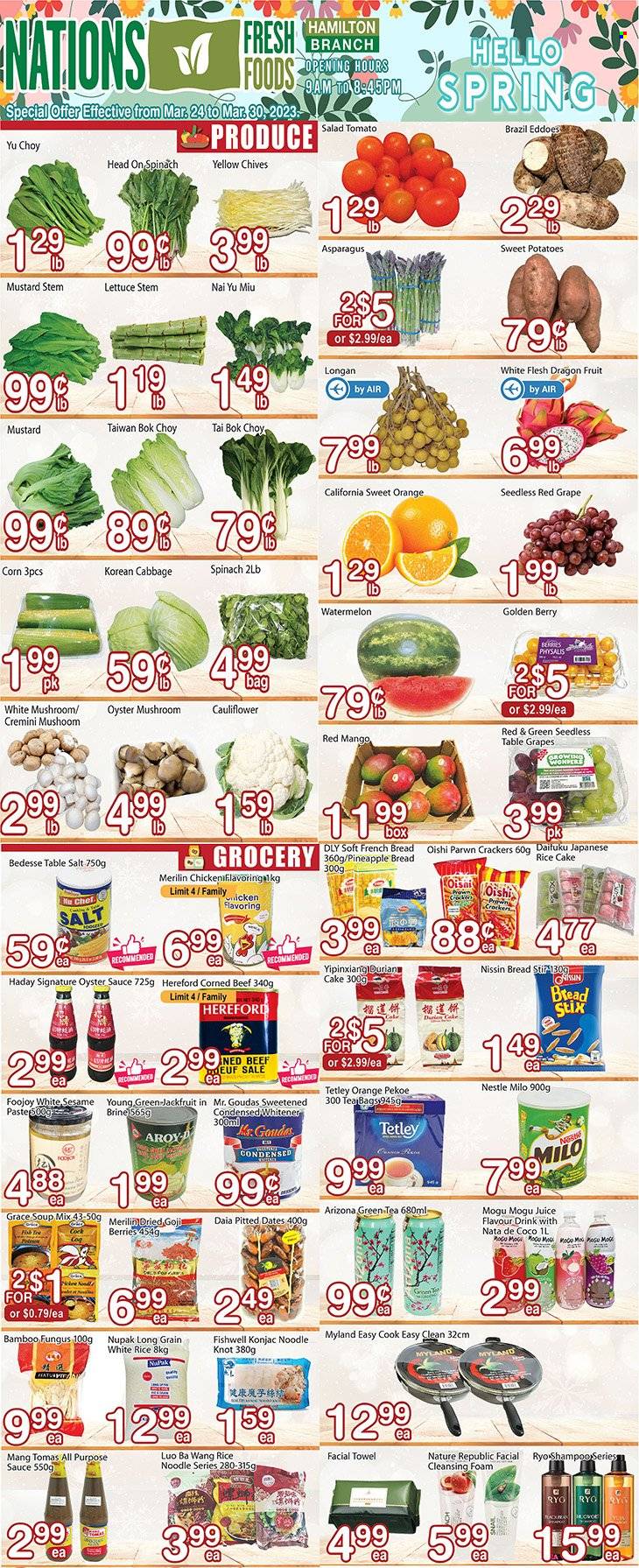 thumbnail - Nations Fresh Foods Flyer - March 24, 2023 - March 30, 2023 - Sales products - oyster mushrooms, bread, french bread, rice cakes, asparagus, bok choy, cabbage, corn, sweet potato, potatoes, lettuce, soup mix, salad, chives, eddoe, mango, watermelon, pineapple, dragon fruit, fish, soup, sauce, Nissin, corned beef, Milo, crackers, salt, white rice, mustard, oyster sauce, dried fruit, goji, dried dates, juice, AriZona, green tea, tea bags, shampoo, cleansing foam, Nestlé. Page 1.