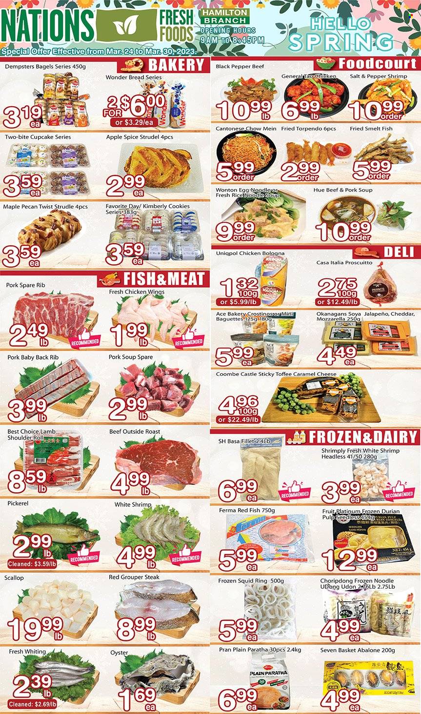 thumbnail - Nations Fresh Foods Flyer - March 24, 2023 - March 30, 2023 - Sales products - bagels, bread, strudel, ACE Bakery, cupcake, jalapeño, grouper, scallops, squid, oysters, fish, shrimps, abalone, whiting, squid rings, walleye, soup, noodles cup, noodles, roast, bologna sausage, cheddar, eggs, chicken wings, cookies, toffee, rice, black pepper, spice, caramel, Castle, chicken, steak, pork meat, pork ribs, pork back ribs, lamb meat, lamb shoulder, baguette, mozzarella. Page 2.