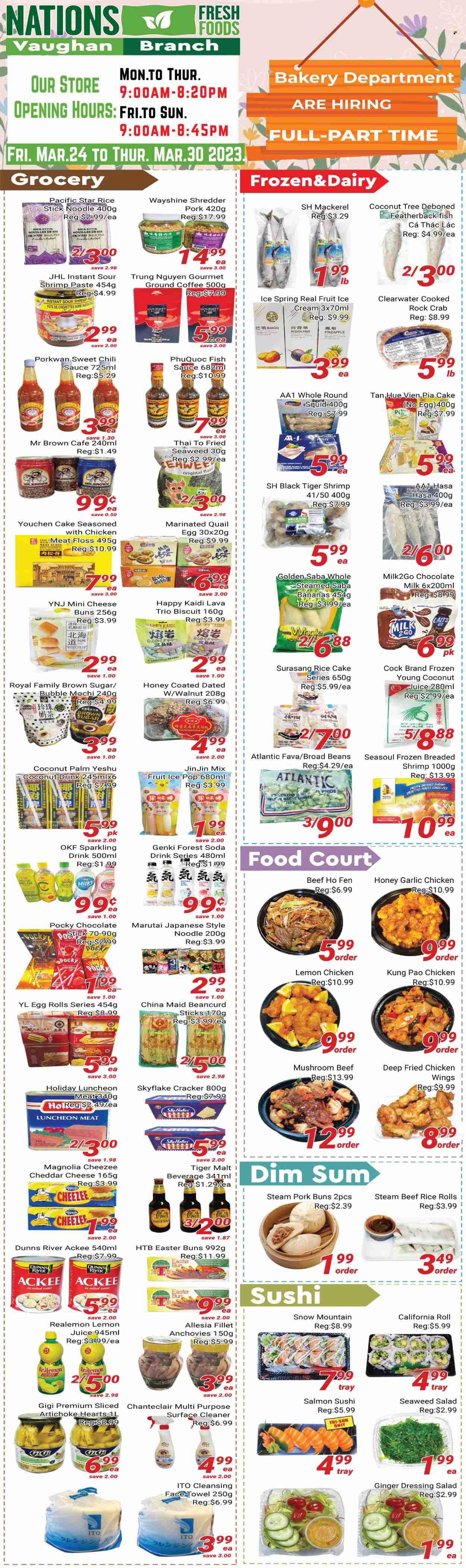 thumbnail - Nations Fresh Foods Flyer - March 24, 2023 - March 30, 2023 - Sales products - mushrooms, buns, artichoke, fava beans, garlic, ginger, salad, pineapple, melons, mackerel, squid, crab, fish, sauce, egg rolls, fried chicken, noodles, lunch meat, cheddar, milk, ice cream, milk chocolate, crackers, biscuit, cane sugar, anchovies, fish sauce, chilli sauce, dressing, shrimp paste, honey, Coca-Cola, Coke, soda, lemon juice, coffee, ground coffee, quail, surface cleaner, cleaner. Page 1.