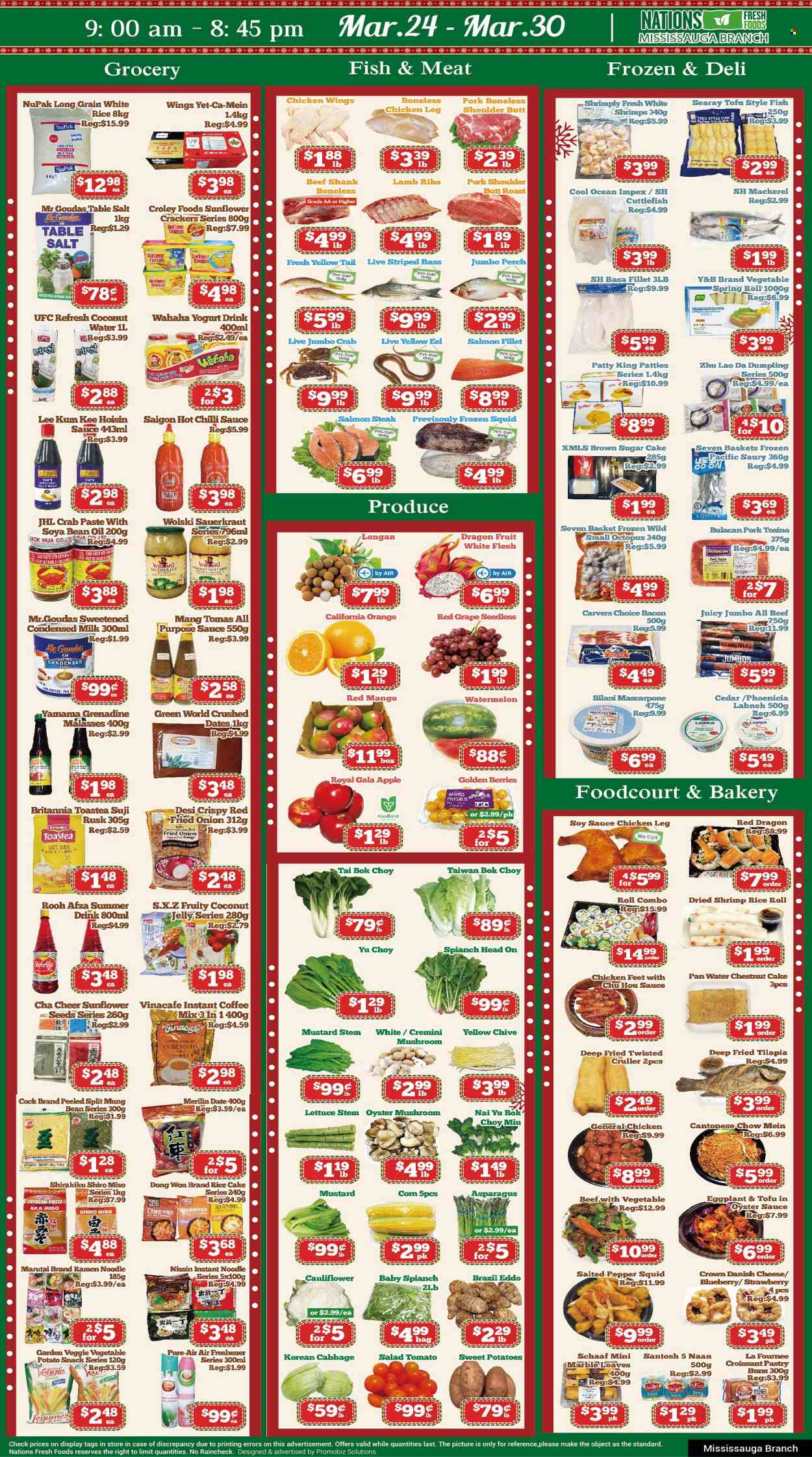 thumbnail - Circulaire Nations Fresh Foods - 24 Mars 2023 - 30 Mars 2023 - Produits soldés - croissant, pain, asperge, steak, crabe, tilapia, bacon, crackers, tofu, sauce hoisin, mascarpone. Page 1.