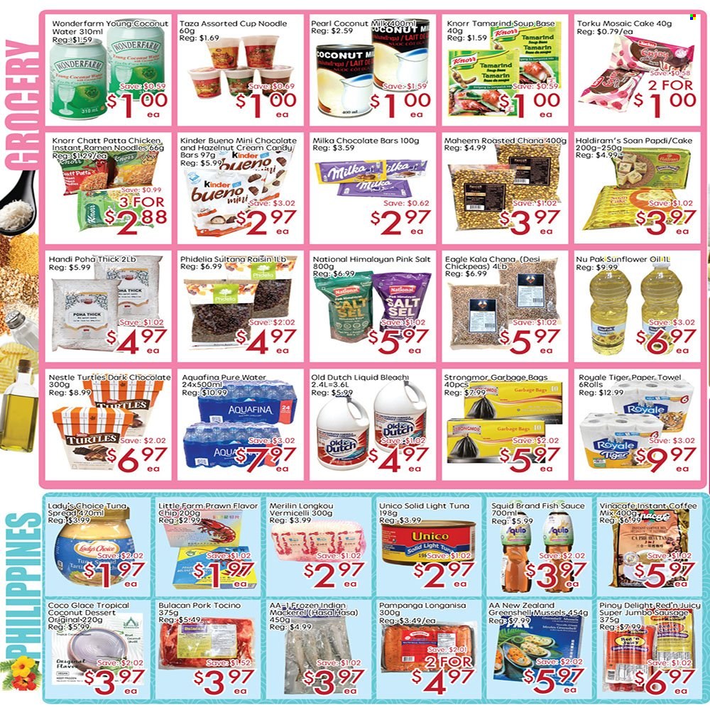 thumbnail - Sunny Foodmart Flyer - March 24, 2023 - March 30, 2023 - Sales products - cake, mackerel, mussels, squid, tuna, prawns, fish, ramen, soup, sauce, noodles, sausage, Kinder Bueno, dark chocolate, chocolate bar, Candy, tamarind, coconut milk, light tuna, fish sauce, coconut water, Aquafina, purified water, water, coffee, chicken, paper towels, Nestlé, Knorr. Page 2.