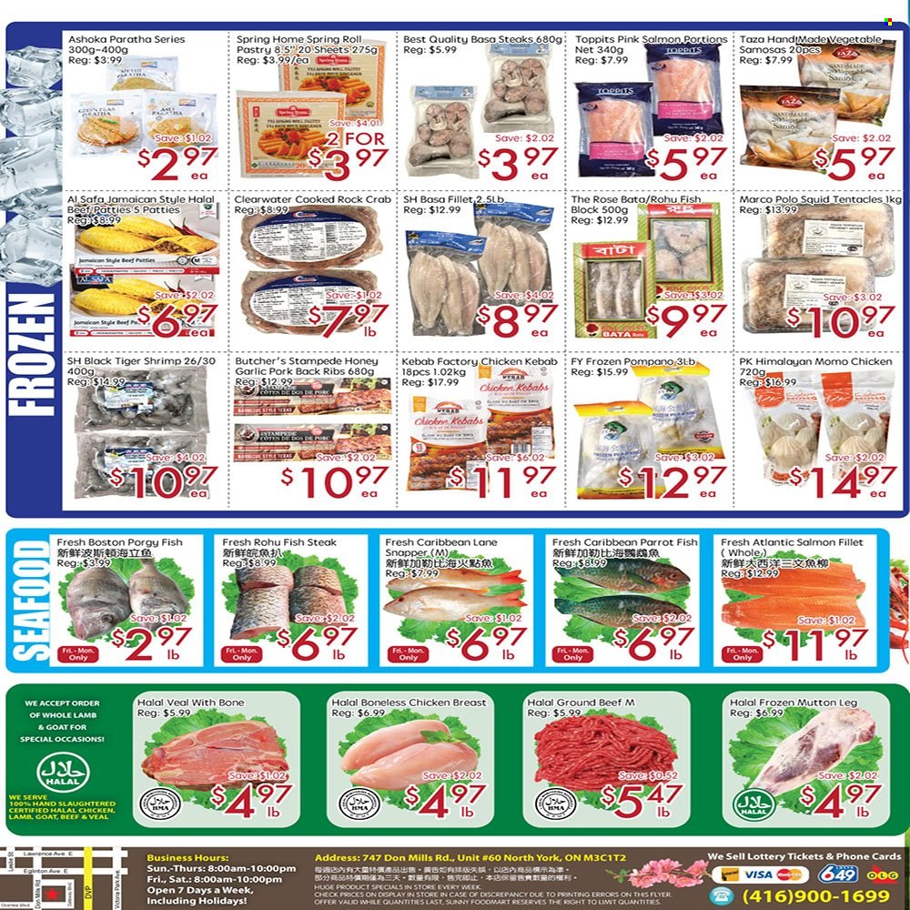 thumbnail - Sunny Foodmart Flyer - March 24, 2023 - March 30, 2023 - Sales products - garlic, salmon, salmon fillet, squid, pompano, seafood, crab, fish, shrimps, fish steak, chicken kabobs, honey, rosé wine, chicken breasts, chicken, beef meat, ground beef, steak, ribs, pork meat, pork ribs, pork back ribs, lamb meat, mutton meat, whole lamb. Page 4.