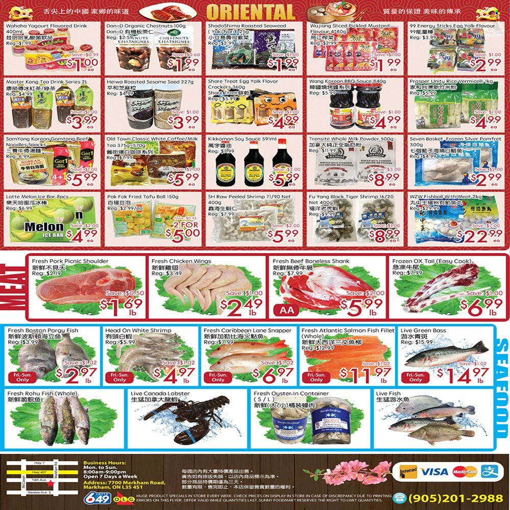 thumbnail - Sunny Foodmart Flyer - March 24, 2023 - March 30, 2023 - Sales products - melons, fish fillets, lobster, salmon, oysters, seafood, fish, sauce, noodles, tofu, milk, milk powder, eggs, chicken wings, crackers, sesame seed, seaweed, rice, rice vermicelli, BBQ sauce, mustard, soy sauce, Kikkoman, chestnuts, tea, coffee, chicken, basket. Page 4.