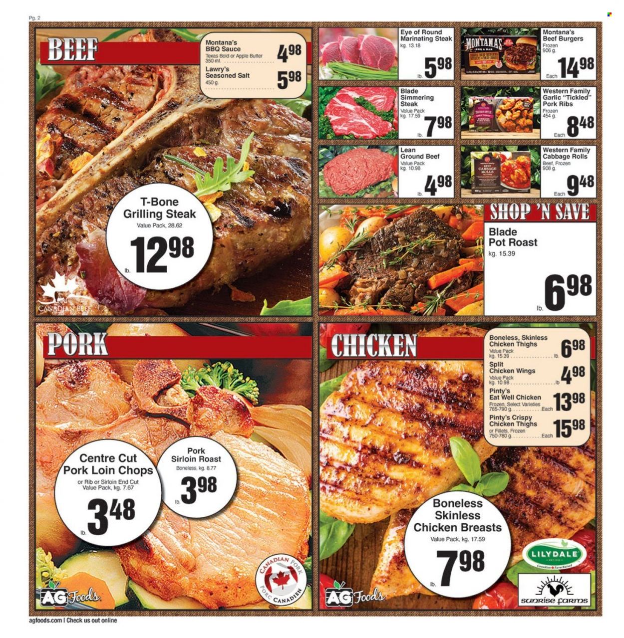 thumbnail - AG Foods Flyer - March 24, 2023 - March 30, 2023 - Sales products - cabbage, garlic, hamburger, sauce, beef burger, roast, chicken wings, BBQ sauce, apple butter, chicken breasts, chicken thighs, beef meat, ground beef, t-bone steak, steak, eye of round, ribs, pork chops, pork loin, pork meat, pork ribs. Page 2.