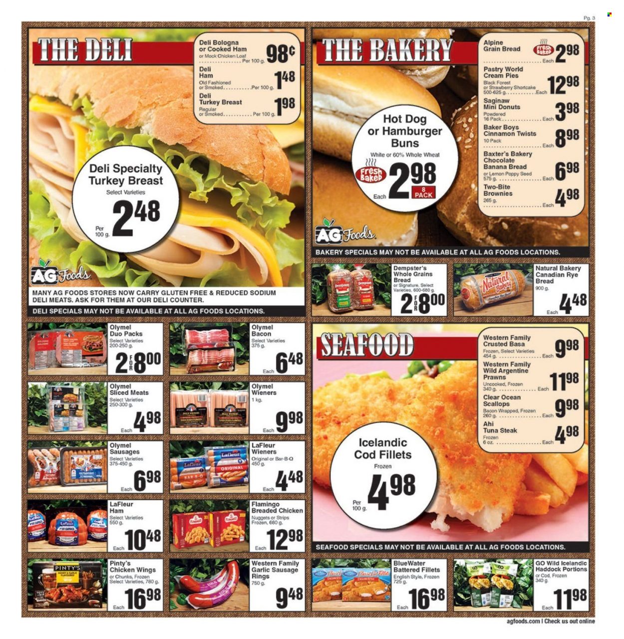 thumbnail - AG Foods Flyer - March 24, 2023 - March 30, 2023 - Sales products - bread, buns, burger buns, brownies, donut, cream pie, banana bread, garlic, cod, scallops, tuna, haddock, seafood, prawns, hot dog, nuggets, fried chicken, chicken nuggets, bacon, cooked ham, ham, bologna sausage, sausage, chicken wings, strips, tuna steak, cinnamon, chicken, turkey, steak. Page 3.