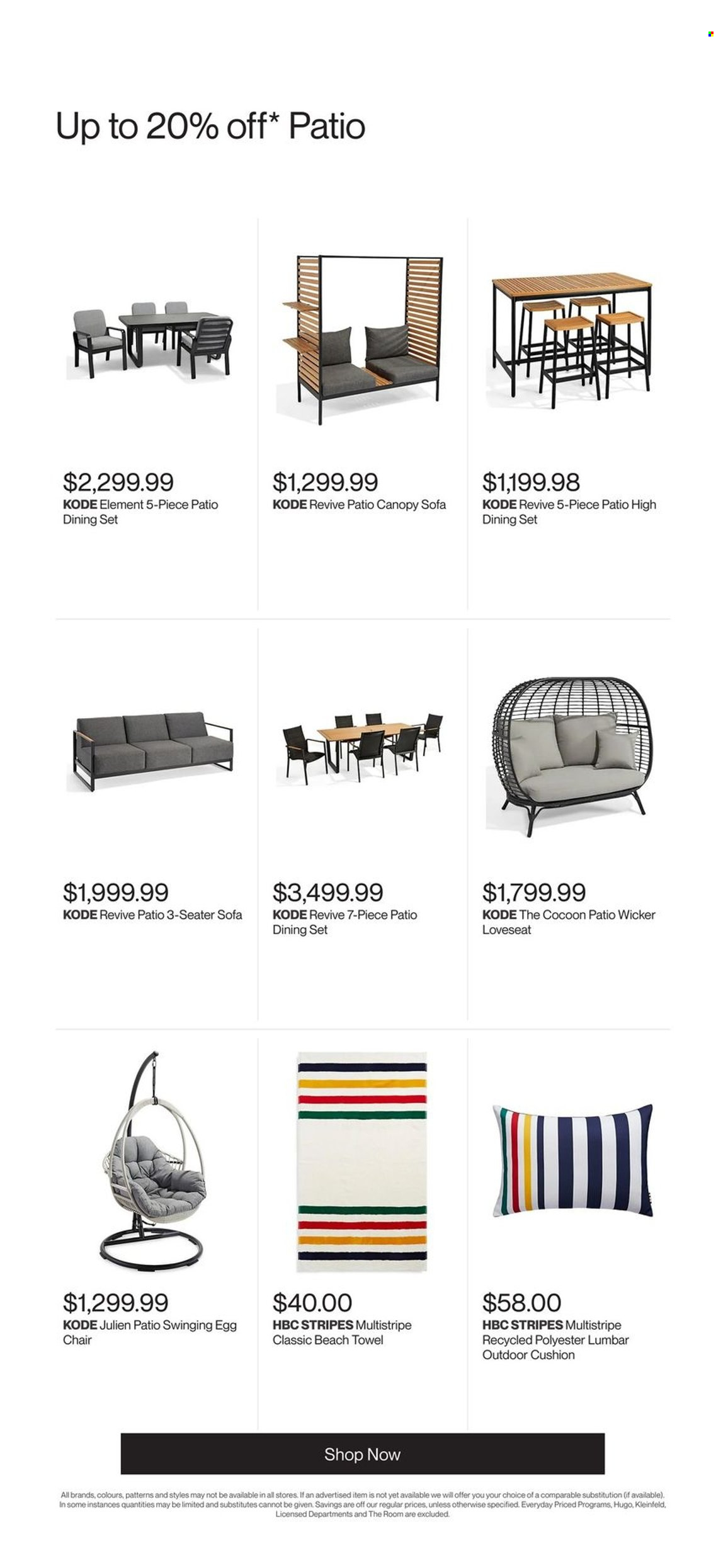 thumbnail - Hudson's Bay Flyer - March 24, 2023 - March 30, 2023 - Sales products - cushion, towel, beach towel, dining set, chair, loveseat, sofa. Page 5.