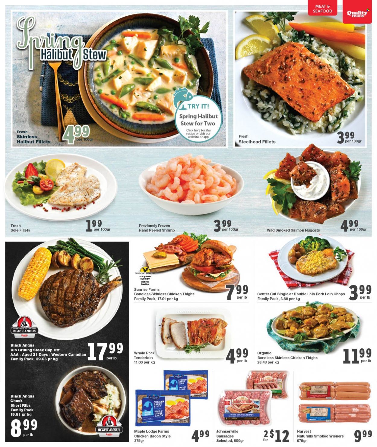 thumbnail - Quality Foods Flyer - March 27, 2023 - April 02, 2023 - Sales products - salmon, smoked salmon, halibut, seafood, nuggets, bacon, Johnsonville, sausage, chicken thighs, chicken, beef ribs, steak, ribs, pork chops, pork loin, pork meat, pork tenderloin. Page 3.