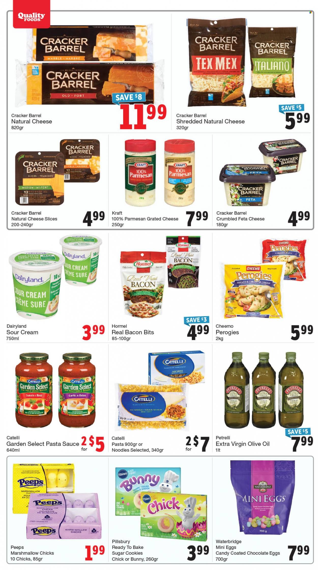 thumbnail - Quality Foods Flyer - March 27, 2023 - April 02, 2023 - Sales products - pasta sauce, sauce, Pillsbury, noodles, Kraft®, Hormel, bacon bits, sliced cheese, parmesan, grated cheese, feta, sour cream, cookies, marshmallows, chocolate, crackers, chocolate egg, Peeps, Candy, extra virgin olive oil, olive oil, Sure. Page 4.