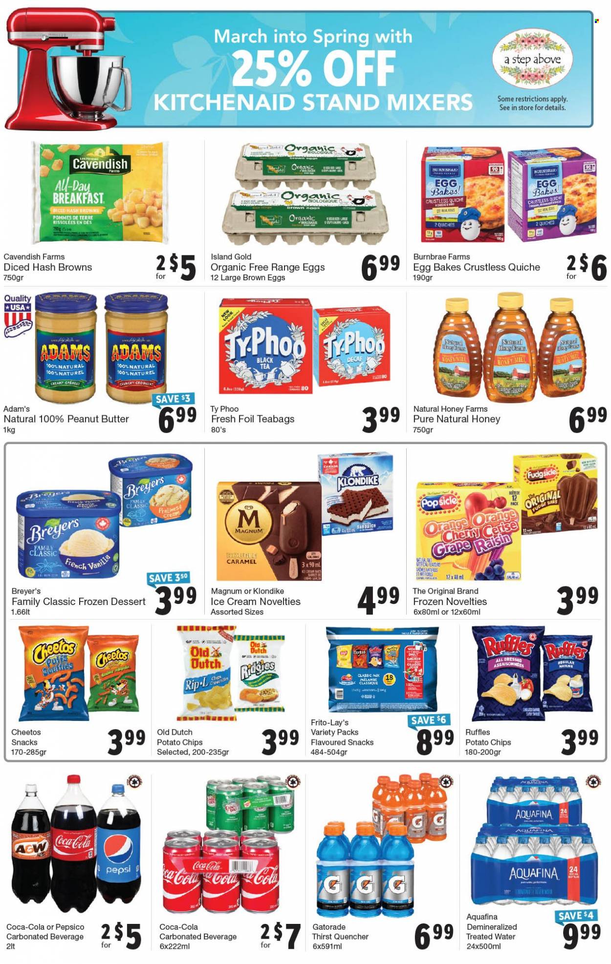 thumbnail - Quality Foods Flyer - March 27, 2023 - April 02, 2023 - Sales products - cherries, oranges, Magnum, ice cream, hash browns, quiche, fudge, pralines, snack, Doritos, potato chips, Cheetos, Lay’s, Ruffles, honey, peanut butter, Coca-Cola, Pepsi, Gatorade, Aquafina, water, tea, tea bags, KitchenAid. Page 5.