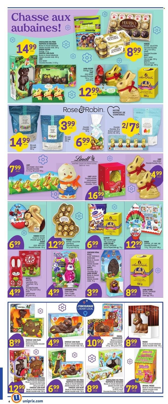 thumbnail - Uniprix Flyer - March 30, 2023 - April 05, 2023 - Sales products - chocolate, easter egg, Kinder Surprise, KitKat, Cadbury, jelly beans, Joy, Nestlé, Lindt, Lindor, Ferrero Rocher, Smarties. Page 3.