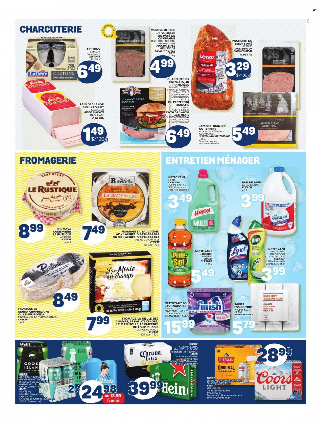 thumbnail - Marché Bonichoix Flyer - March 30, 2023 - April 05, 2023 - Sales products - ham, pastrami, smoked ham, pepperoni, cheese, milk, switch, beer, Corona Extra, Heineken, IPA, chicken, beef meat, eye of round, kitchen towels, paper towels, cleaner, bleach, liquid cleaner, Lysol, Pine-Sol, dishwashing liquid, dishwasher cleaner, Finish Powerball, camembert, detergent, Coors. Page 5.