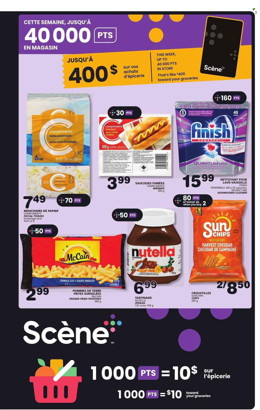 thumbnail - Les Marchés Tradition Flyer - March 30, 2023 - April 05, 2023 - Sales products - potatoes, cheese, McCain, crinkle fries, snack, starch, sugar, switch, chicken, tissues, cleaner, dishwashing liquid, dishwasher cleaner, Finish Powerball, facial tissues, detergent, Nutella, Ferrero Rocher. Page 8.