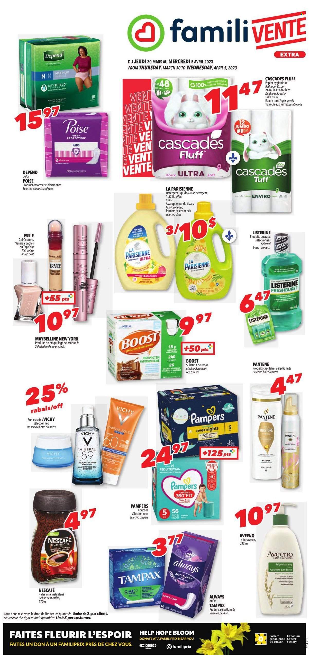 thumbnail - Familiprix Extra Flyer - March 30, 2023 - April 05, 2023 - Sales products - chocolate, Mars, water, Boost, coffee, instant coffee, Pampers, nappies, Aveeno, bath tissue, kitchen towels, paper towels, fabric softener, liquid detergent, Vichy, hair products, Pantene, body lotion, top coat, polish, makeup, Maybelline, detergent, Listerine, Nestlé, shampoo, Tampax, Nescafé. Page 1.