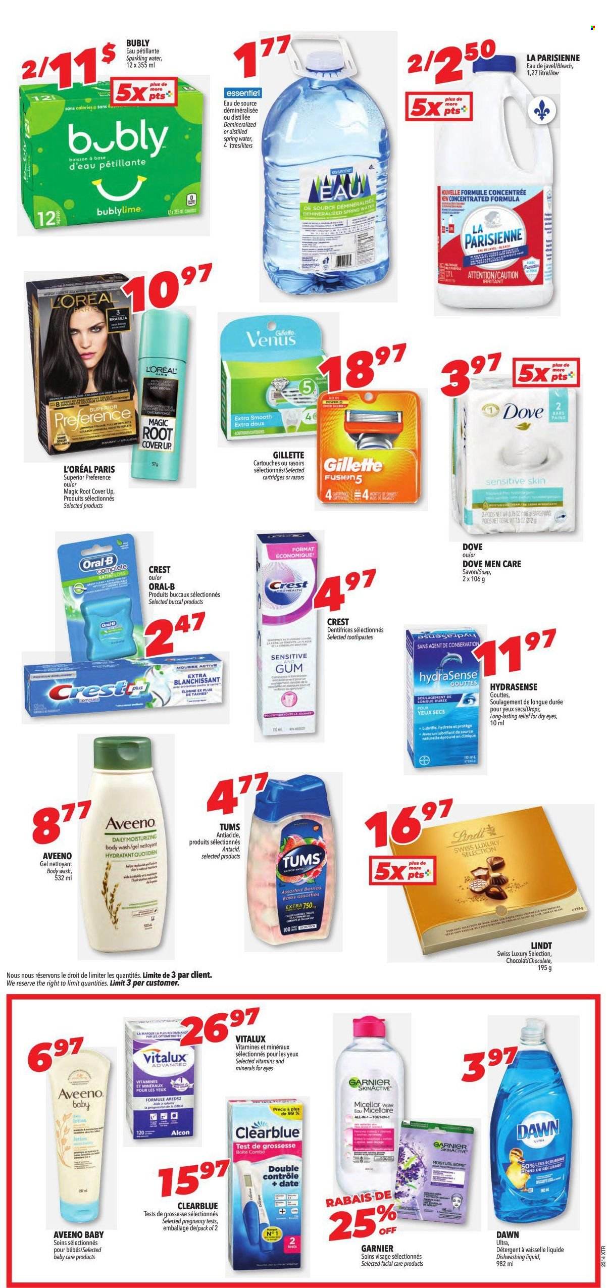 thumbnail - Familiprix Extra Flyer - March 30, 2023 - April 05, 2023 - Sales products - Dove, chocolate, spring water, sparkling water, water, Aveeno, bleach, dishwashing liquid, body wash, soap, Crest, Gillette, L’Oréal, body lotion, corrector, Antacid, detergent, Garnier, Oral-B, Lindt. Page 4.