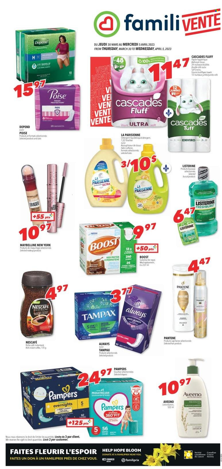 thumbnail - Familiprix Flyer - March 30, 2023 - April 05, 2023 - Sales products - chocolate, Mars, Boost, coffee, instant coffee, Pampers, nappies, Aveeno, tissues, kitchen towels, paper towels, fabric softener, hair products, Pantene, body lotion, makeup, Maybelline, detergent, Listerine, Tampax, Nescafé. Page 1.