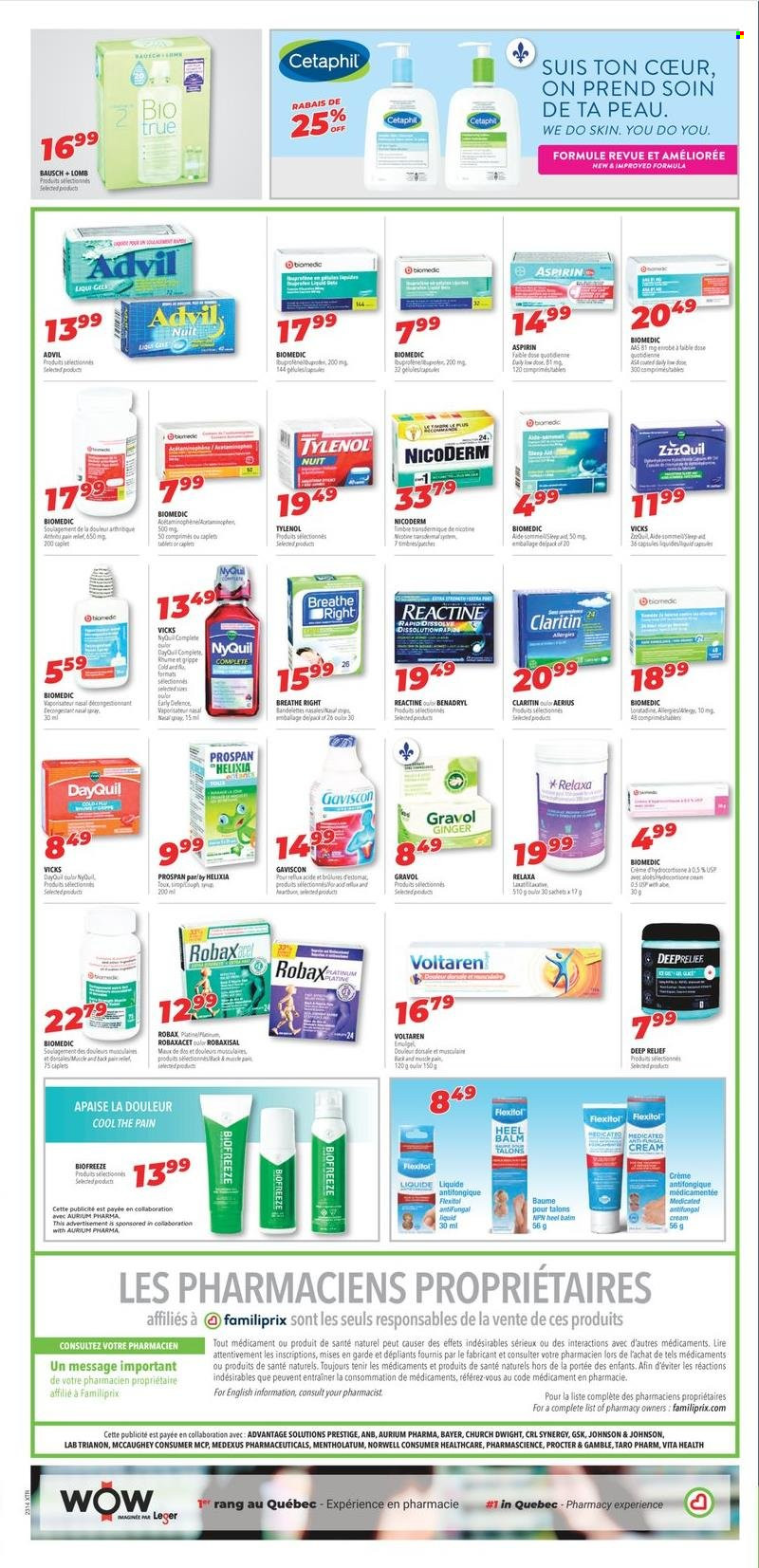 thumbnail - Familiprix Flyer - March 30, 2023 - April 05, 2023 - Sales products - ginger, Johnson's, Vicks, DayQuil, NicoDerm, Tylenol, ZzzQuil, NyQuil, Advil Rapid, Gaviscon, aspirin, Bayer. Page 5.