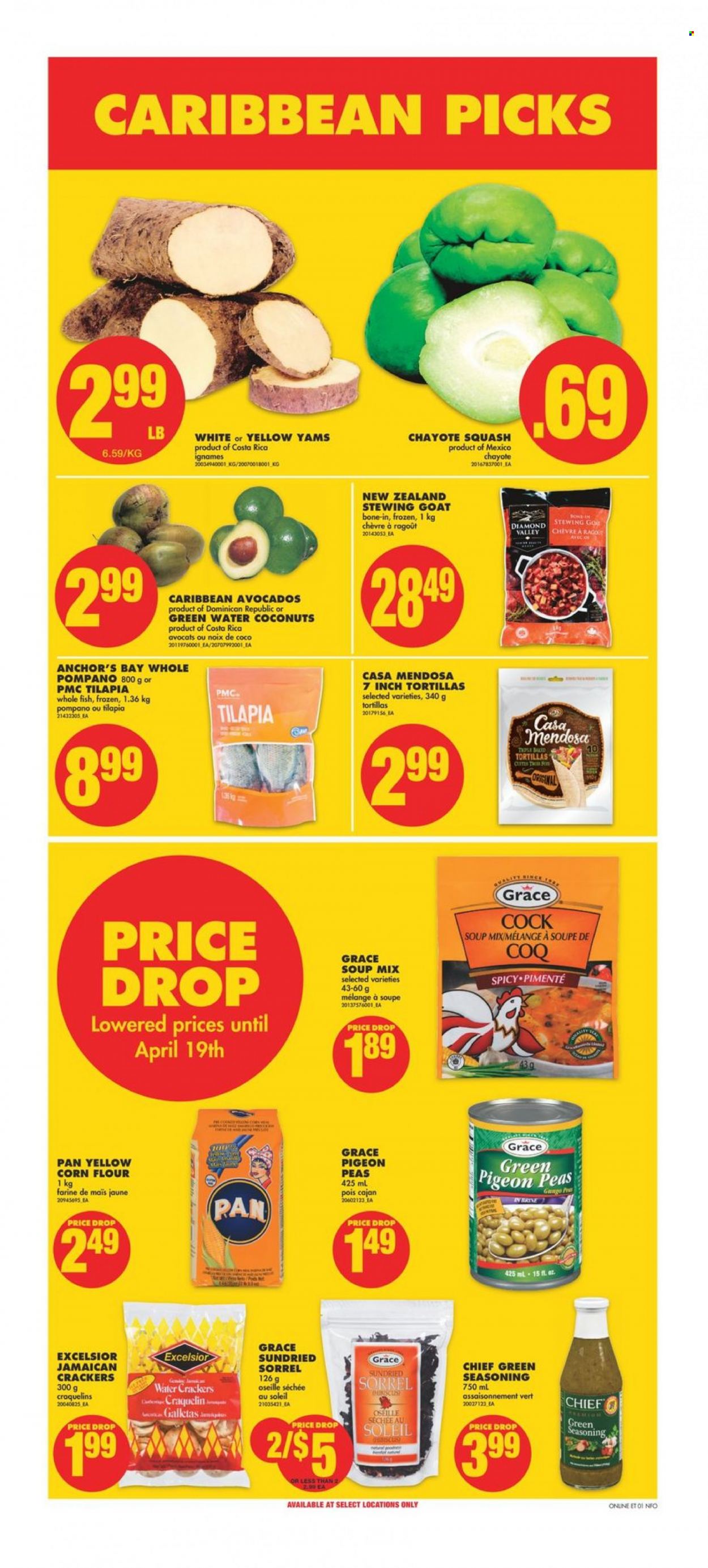 thumbnail - No Frills Flyer - March 30, 2023 - April 05, 2023 - Sales products - tortillas, peas, soup mix, chayote squash, avocado, chayote, tilapia, pompano, fish, soup, crackers, corn flour, toor dal, spice, coconut, pan, Pigeon. Page 1.