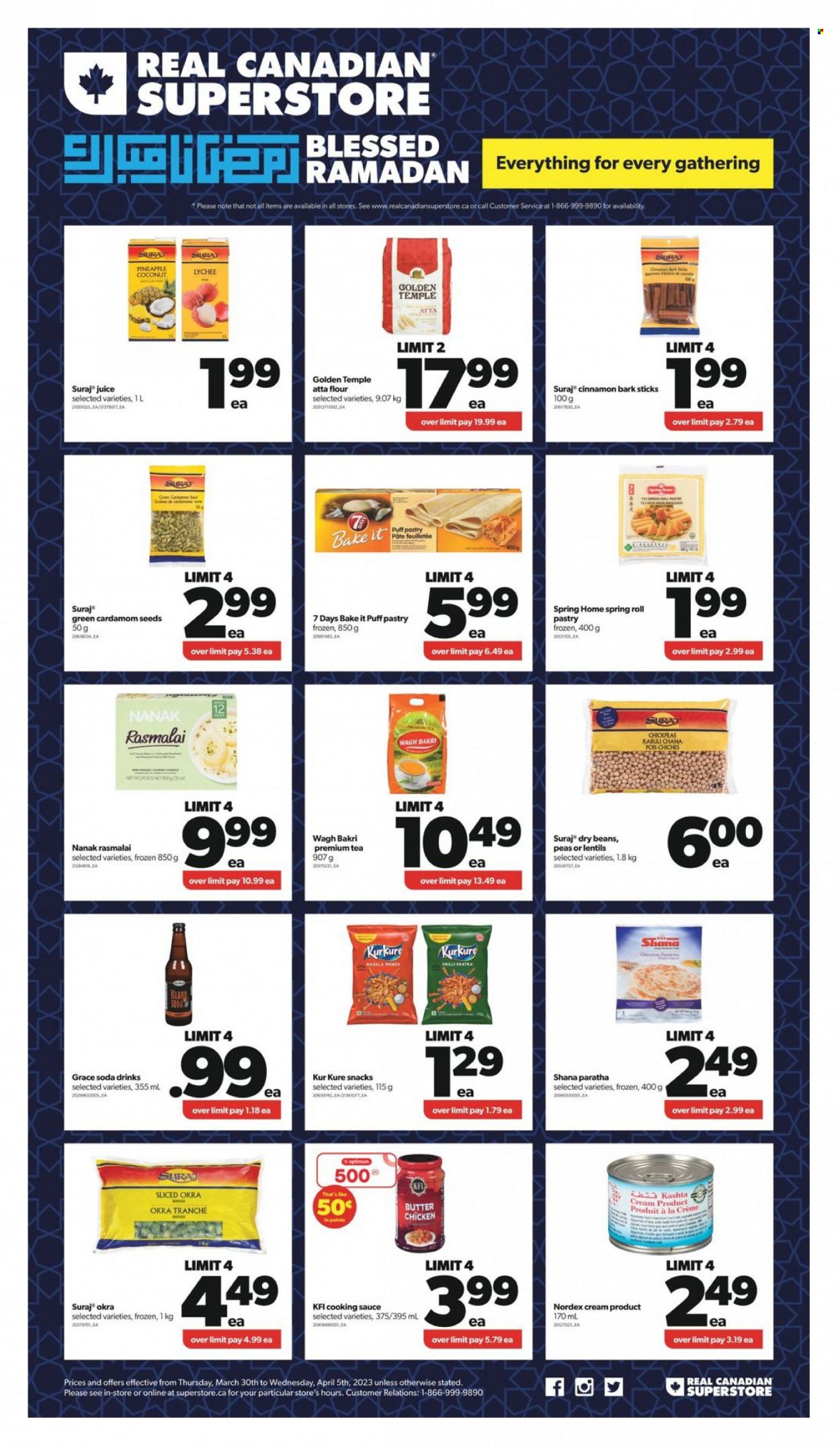 thumbnail - Real Canadian Superstore Flyer - March 30, 2023 - April 05, 2023 - Sales products - peas, okra, lychee, pineapple, coconut, sauce, puff pastry, snack, 7 Days, flour, lentils, chickpeas, dry beans, cinnamon, juice, soda, tea, chicken, Optimum. Page 1.